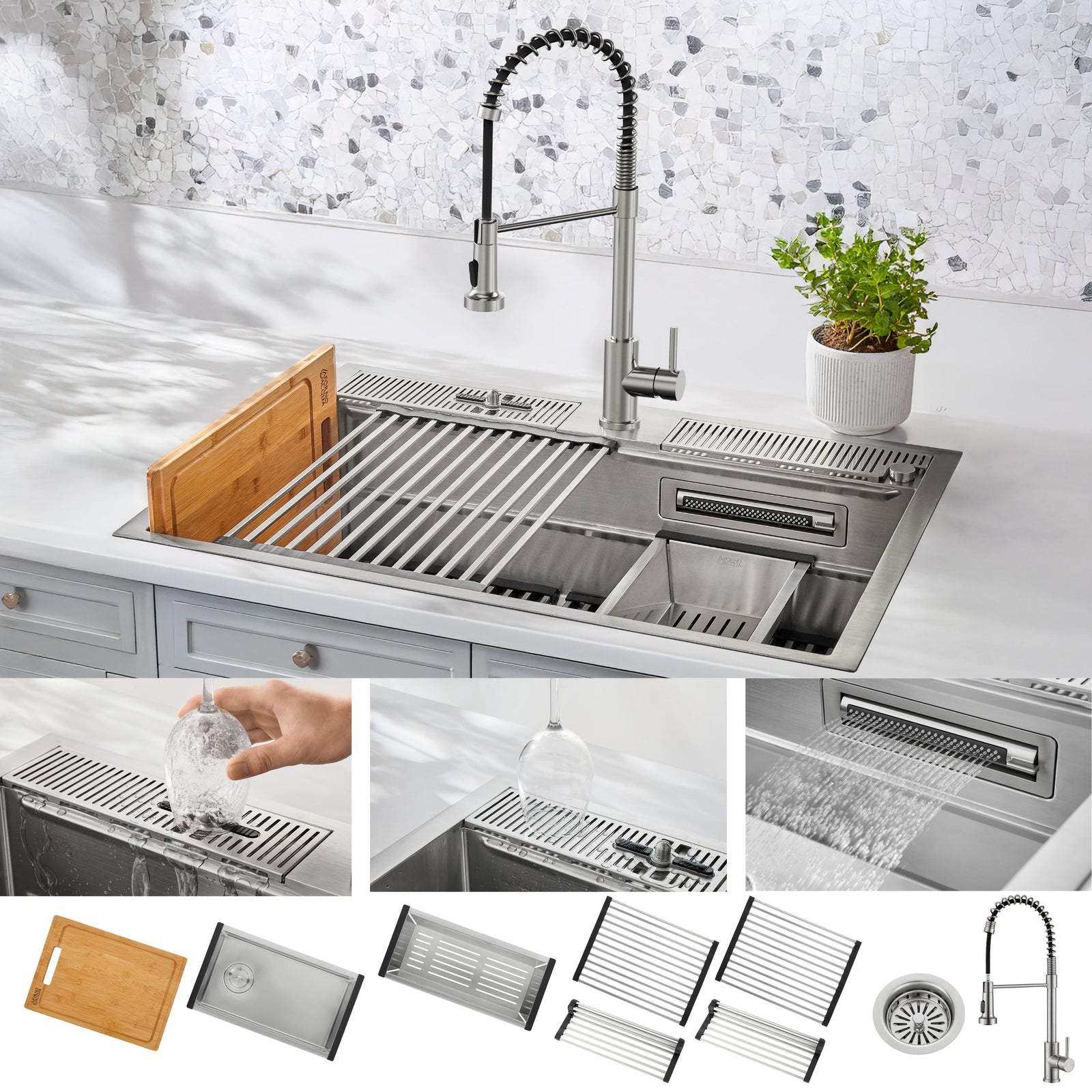 Forno Acqua MultiSINK kit with Integrated Waterfall Rinsing and Glass Washing Station. Includes Chef Faucet and Accessories - D-WP31
