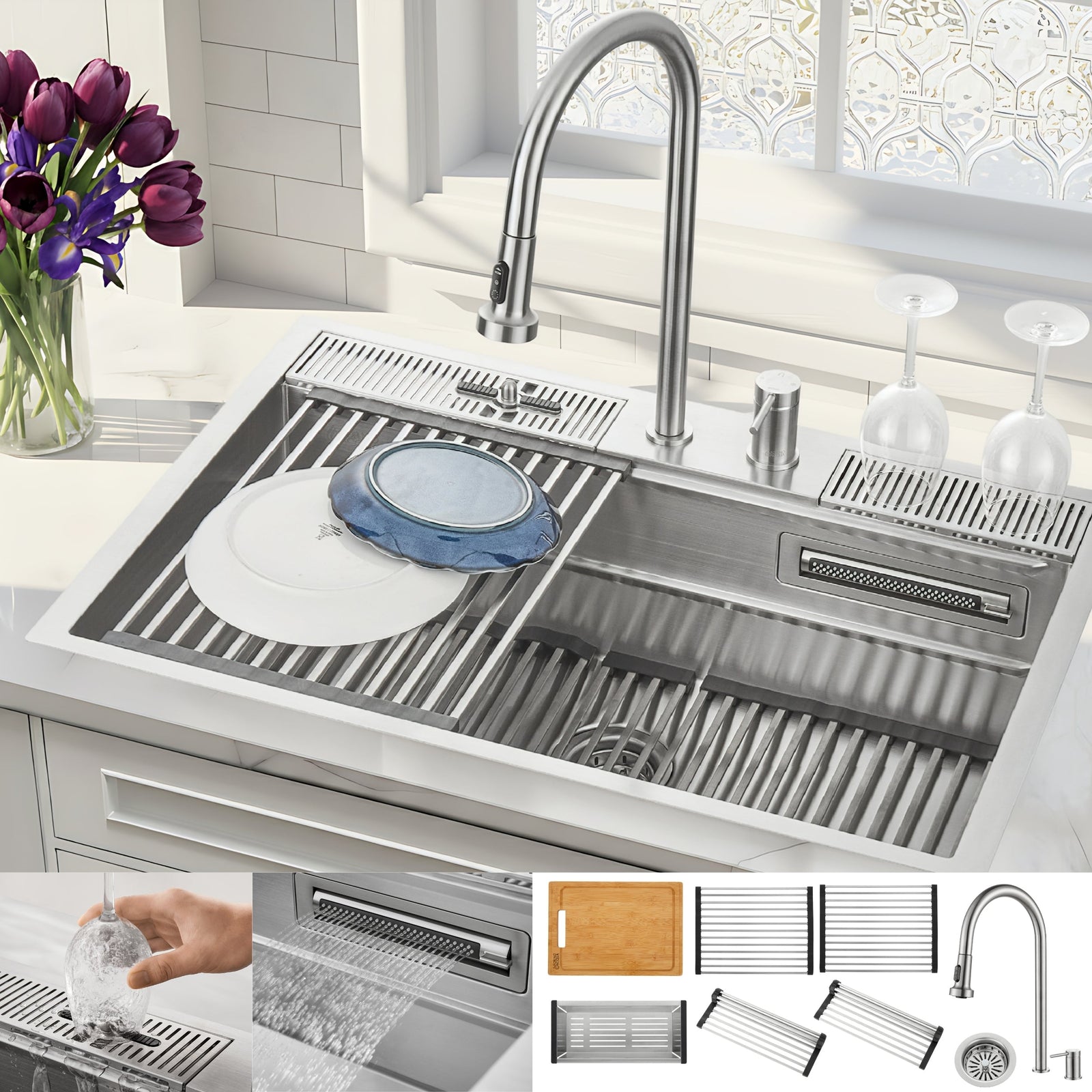 Forno Acqua 33 in. Drop-In/Undermount 3 Level Workstation Sink with Faucet, Waterfall & Glass Rinser - E-ZP30