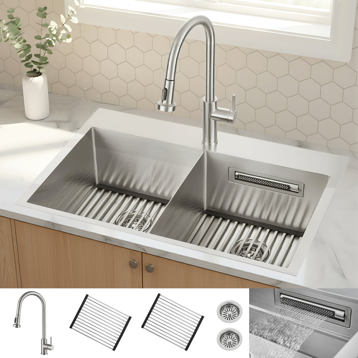 Forno Acqua 33 in. Drop-In/Undermount 50/50 Double Bowl Stainless Steel Sink with Faucet & Waterfall - G-ZN30