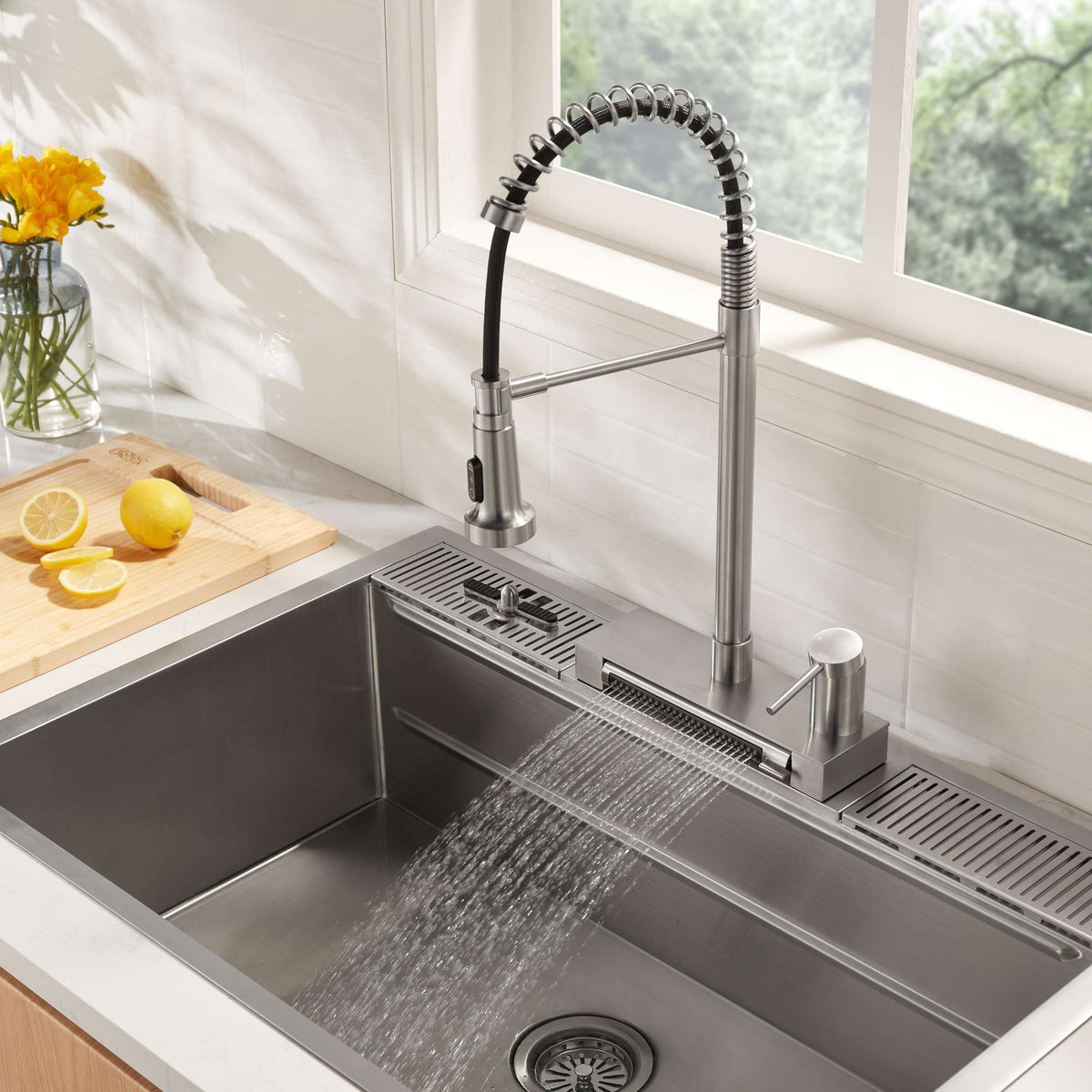Forno Acqua 4 Function Pull-Down Waterfall Kitchen Faucet Brushed Nickel - FCWCMBND1