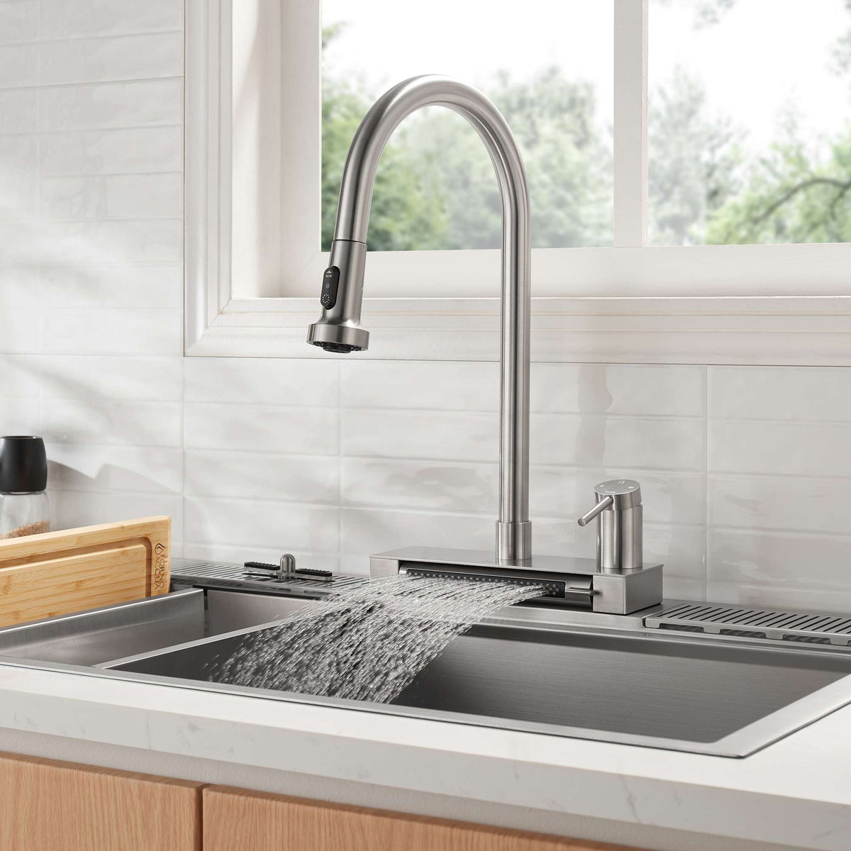 Forno Acqua 4 Function Waterfall Pull-Down Kitchen Faucet Brushed Nickel - FCWRMBND1
