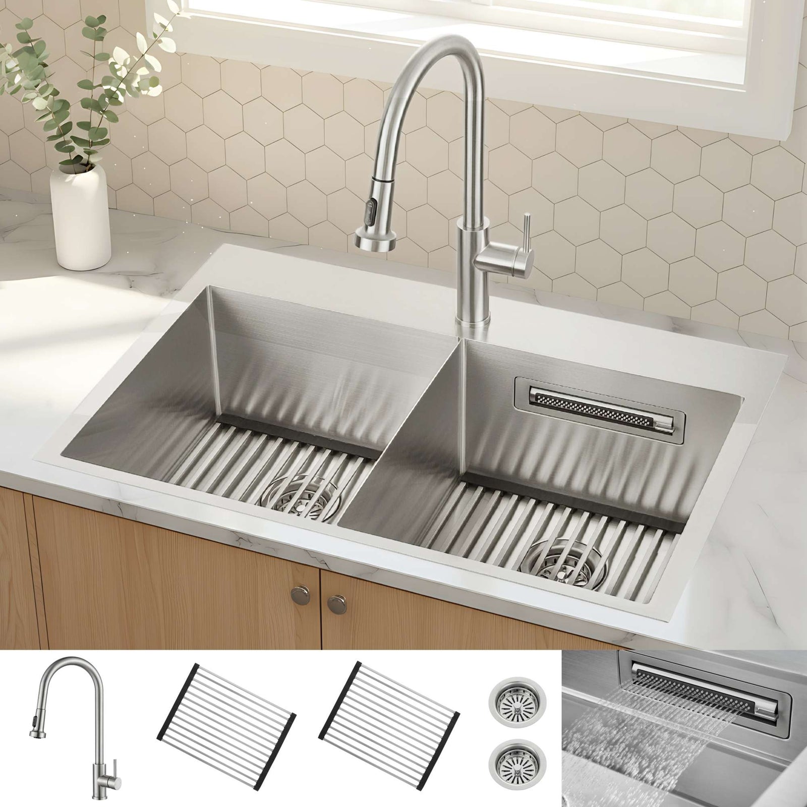 Forno Acqua 33 in. Drop-In/Undermount 50/50 Double Bowl Stainless Steel Sink with Faucet & Waterfall - G-ZN30