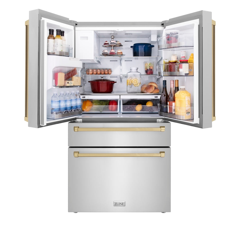 ZLINE Autograph Edition 36-inch refrigerator in fingerprint-resistant stainless steel with bright white interior and champagne bronze accents RFMZ-W-36-CB, front view