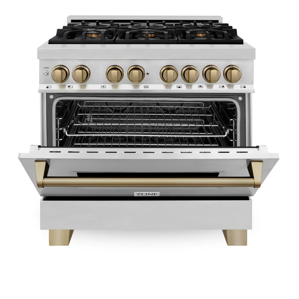 ZLINE Autograph Edition Legacy 36-inch range in stainless steel and champagne bronze accents RAZ-36-CB, front view