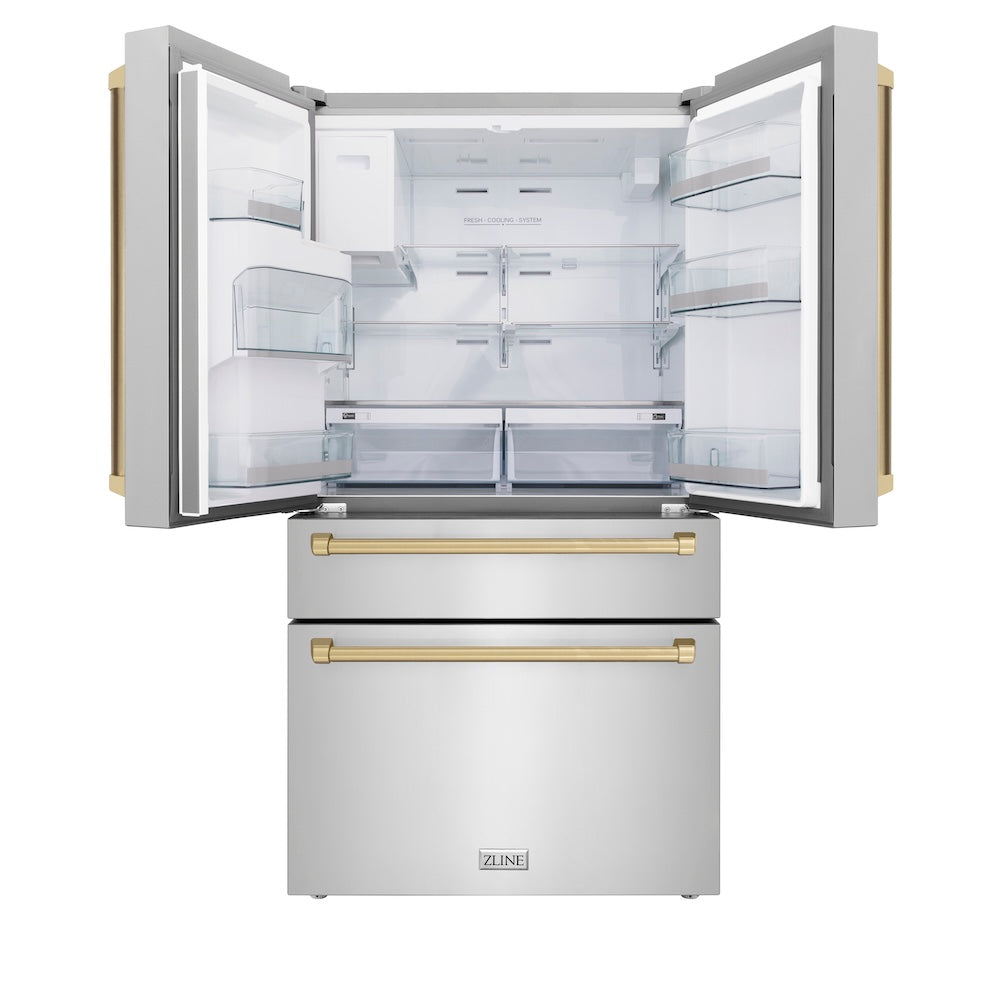 ZLINE Autograph Edition 36-inch refrigerator in fingerprint-resistant stainless steel with bright white interior and champagne bronze accents RFMZ-W-36-CB, front view