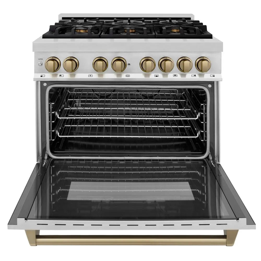 ZLINE Autograph Edition Legacy 36-inch range in stainless steel and champagne bronze accents RAZ-36-CB, front view