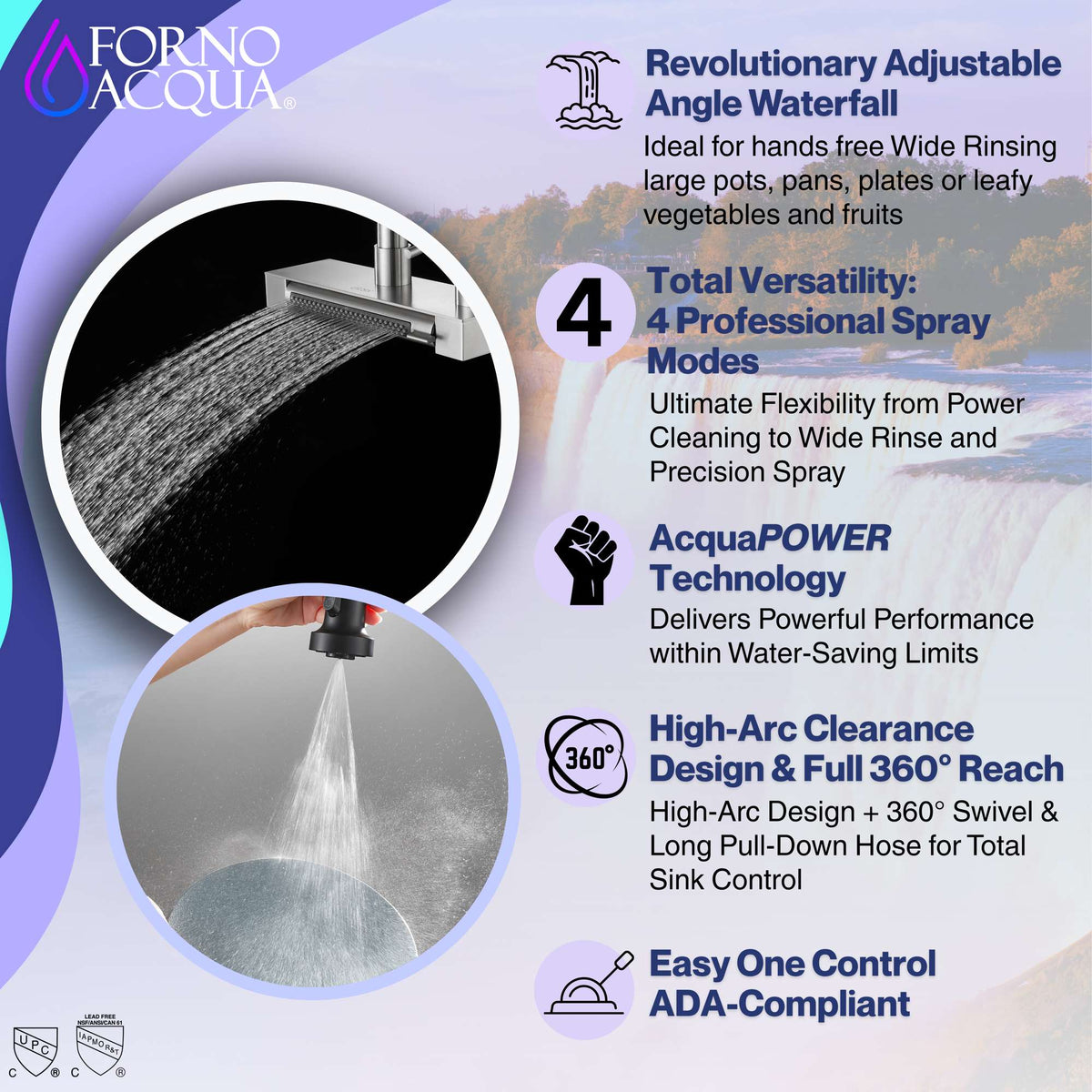 Forno Acqua 4 function pull-Down Waterfall Kitchen Faucet Black - FCWCMBKD1