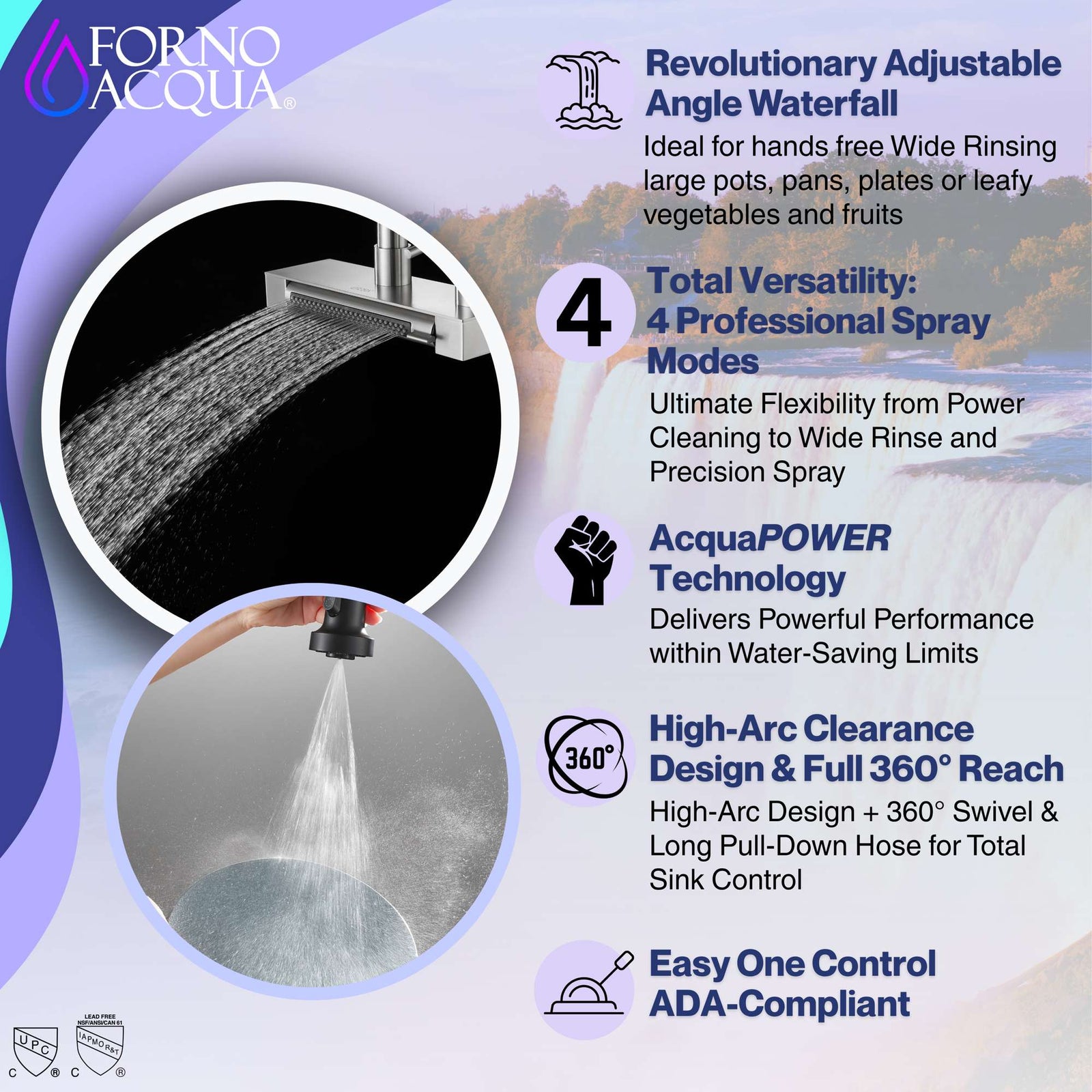 Forno Acqua 4 Function Waterfall Pull-Down Kitchen Faucet Black - FCWRMBKD1