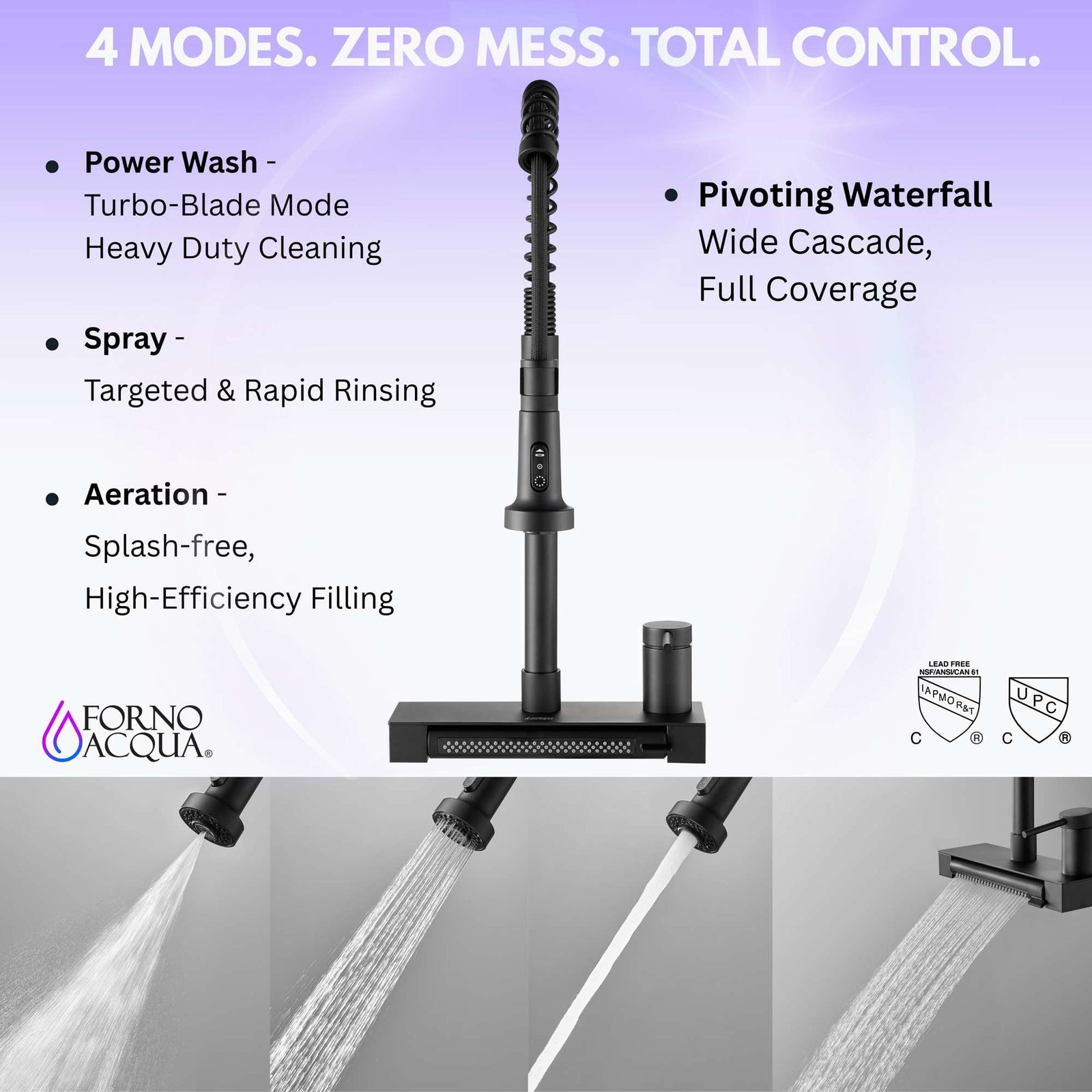 Forno Acqua 4 function pull-Down Waterfall Kitchen Faucet Black - FCWCMBKD1