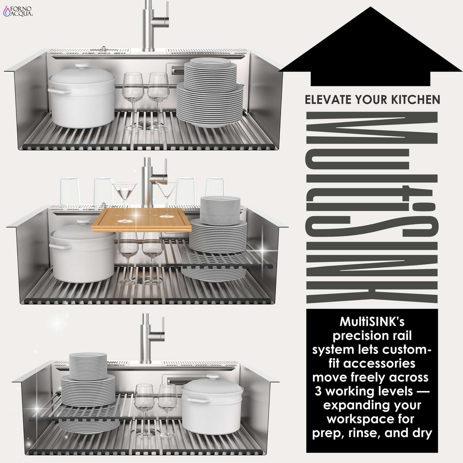 Forno Acqua 33 in. Drop-In/Undermount 3-Level Workstation with Retractable Faucet & Glass Rinser - D-ZP30
