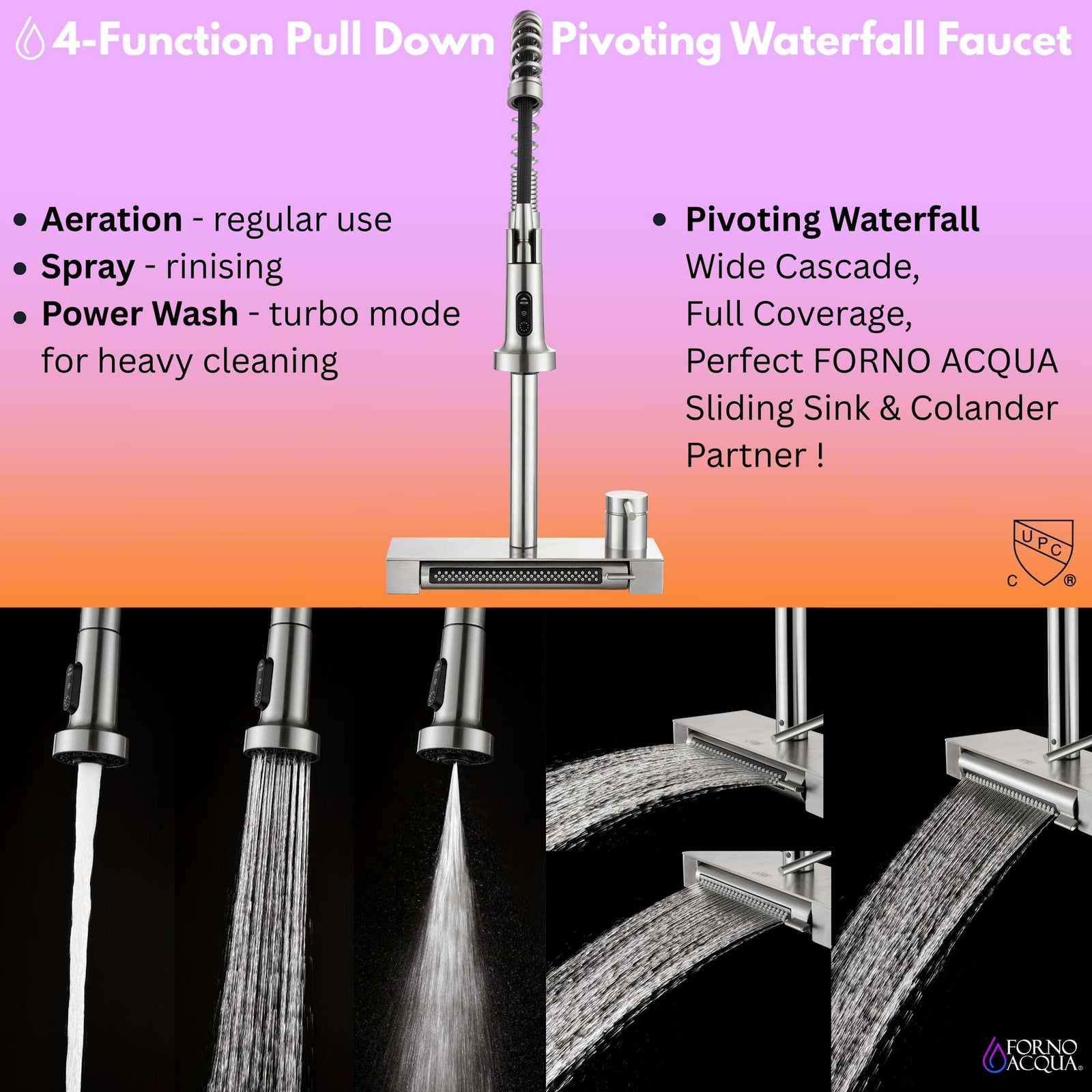 Forno Acqua 33 in. Drop-In/Undermount 3-Level MultiSINK Workstation Sink with Waterfall Faucet & Glass Rinser - E-XP31