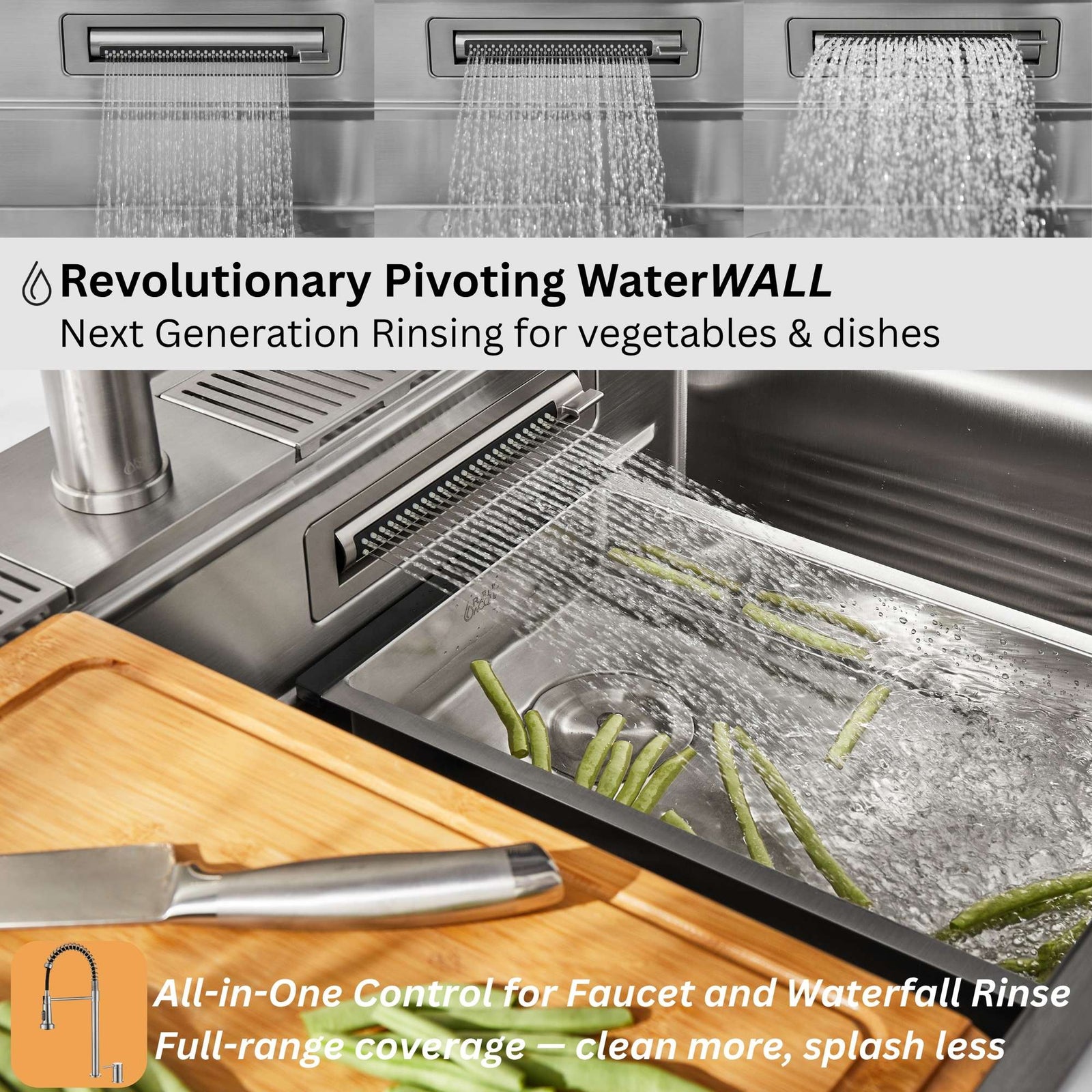 Forno Acqua 33 in. Drop-In/Undermount 3-Level Workstation Sink with Faucet, Waterfall & Glass Rinser - E-ZP31