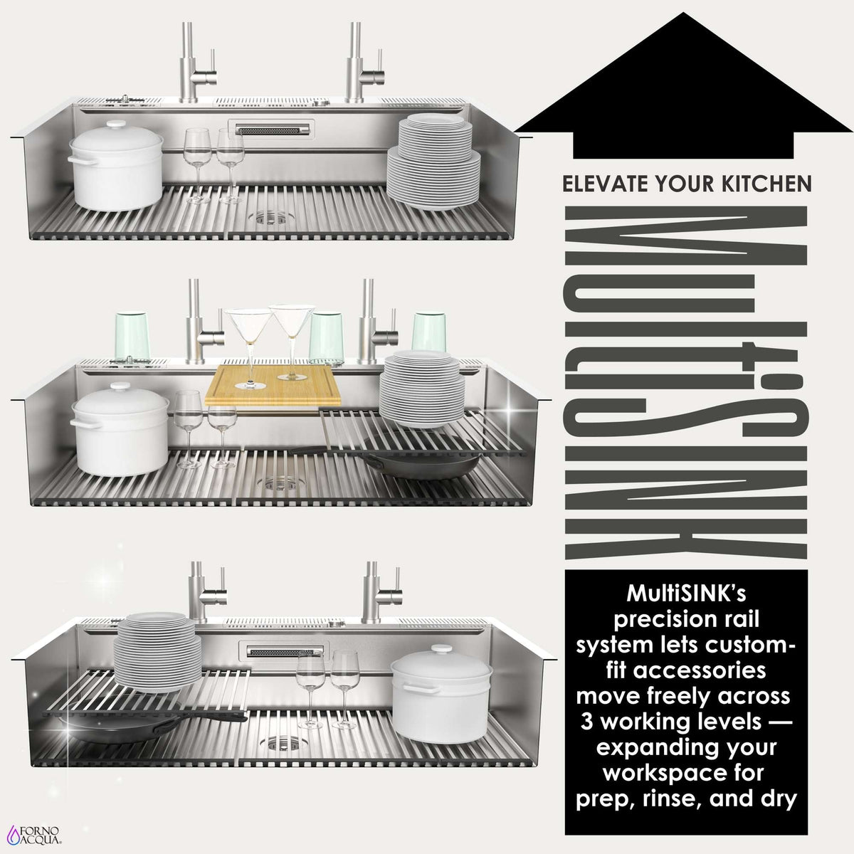 Forno Acqua 45 in. Drop-In/Undermount 3-Level Workstation Sink with Two Faucets & Glass Rinser - J-WP30