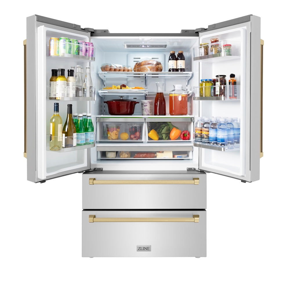 ZLINE Autograph Edition 36-inch refrigerator in fingerprint-resistant stainless steel with bright white interior and champagne bronze accents RFMZ-36-CB, front view