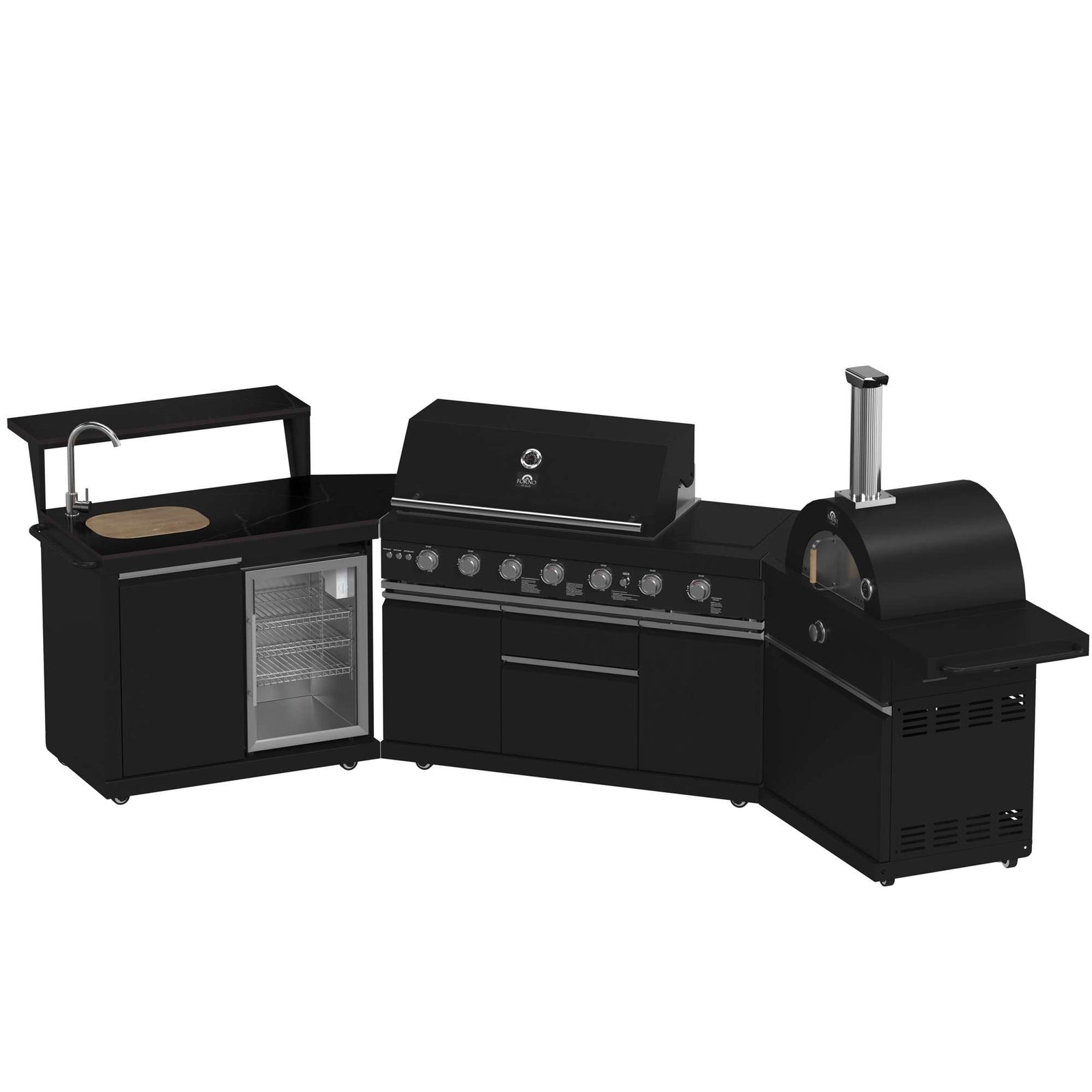 Forno All’Aperto 87,600 BTU Outdoor Kitchen, 4 Burners, Infrared Burners, Side Burner, Black Sintered Stone Countertops, Gas Pizza Oven, Sink Module, Bar & Beverage Center - FODKT2551BLK