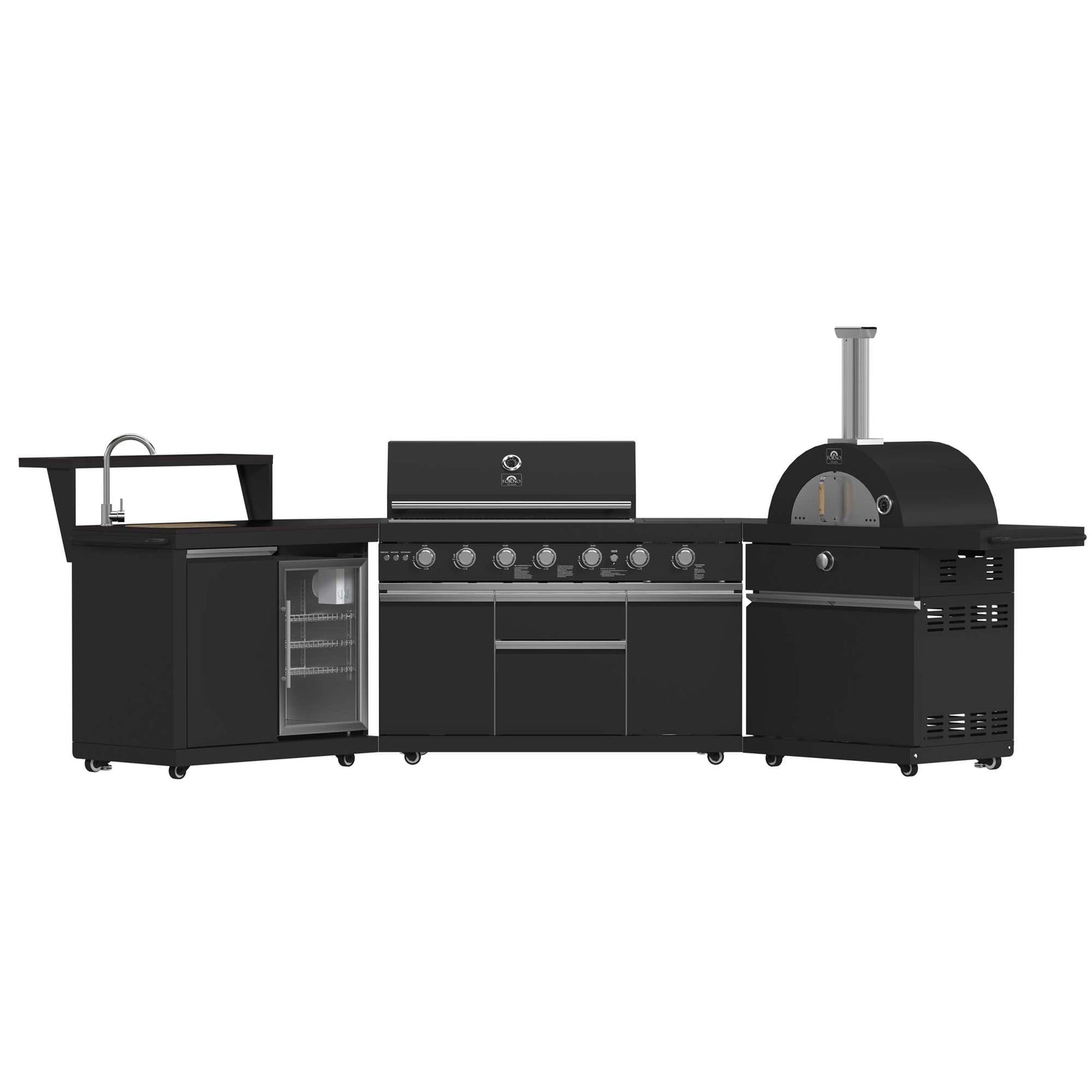 Forno All’Aperto 87,600 BTU Outdoor Kitchen, 4 Burners, Infrared Burners, Side Burner, Black Sintered Stone Countertops, Gas Pizza Oven, Sink Module, Bar & Beverage Center - FODKT2551BLK