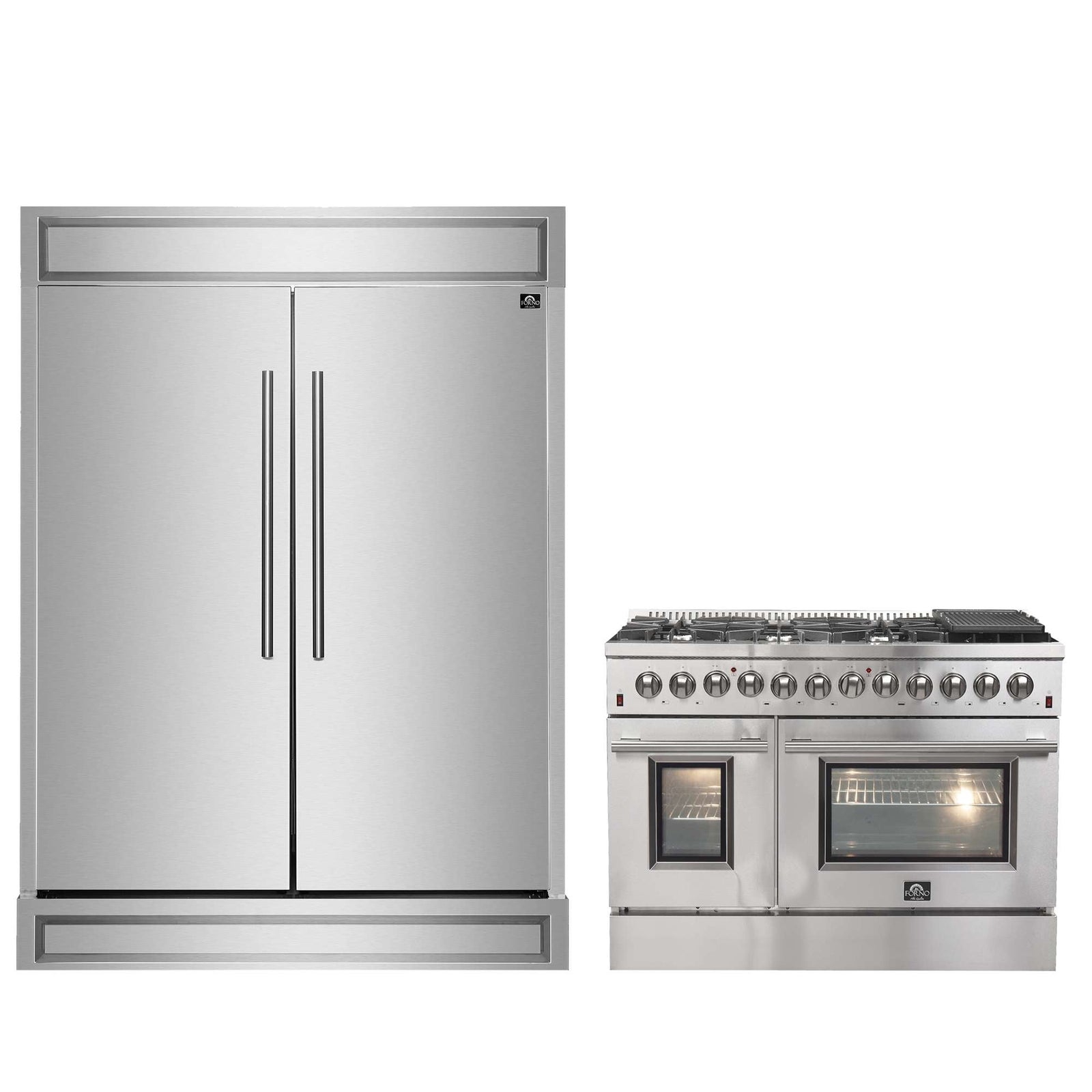 Forno Premium 2-Piece Kitchen Bundle - Galiano 48" Stainless Steel Dual Fuel Range, Forno Maderno 2-28 " Wide Units with Decorative Trim - FBDL-017-03CAUS
