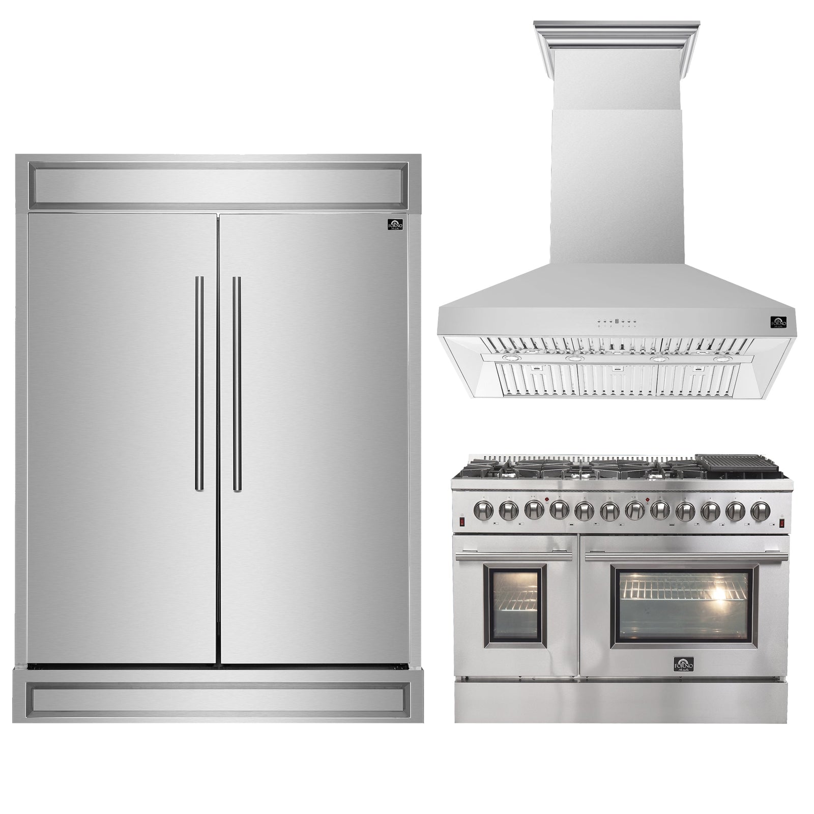 Forno Premium 3-Piece Kitchen Bundle - FORNO Galiano 48" Freestanding Dual Fuel Range, FORNO Maderno 60" 2-Piece Convertible Refrigerator/Freezer Built-In with Decorative Grill Trim, 27.2 cu.ft., FORNO Orvieto 48" Wall Mount Range Hood - FBDL-017-04CAUS