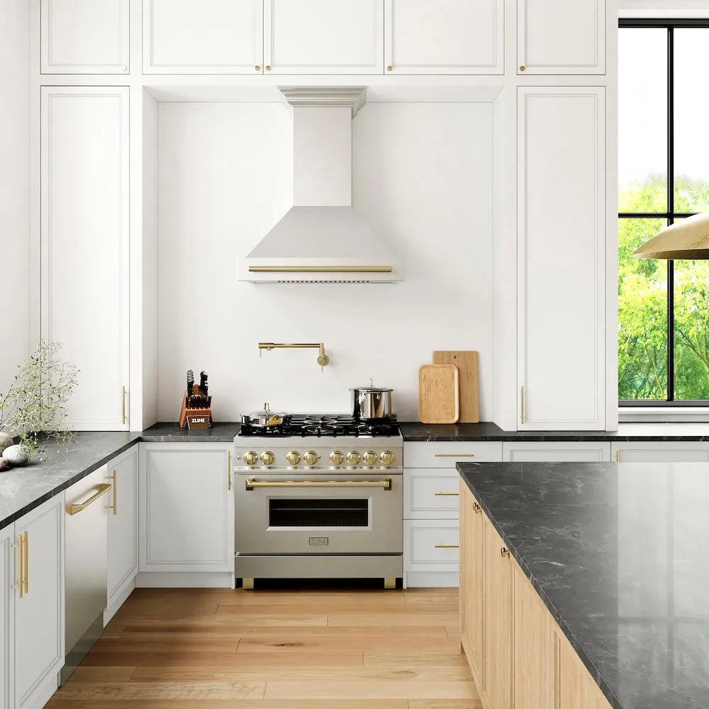 ZLINE Autograph Edition 36-inch range hood in stainless steel and champagne bronze accents 8654STZ-36-CB, view 2