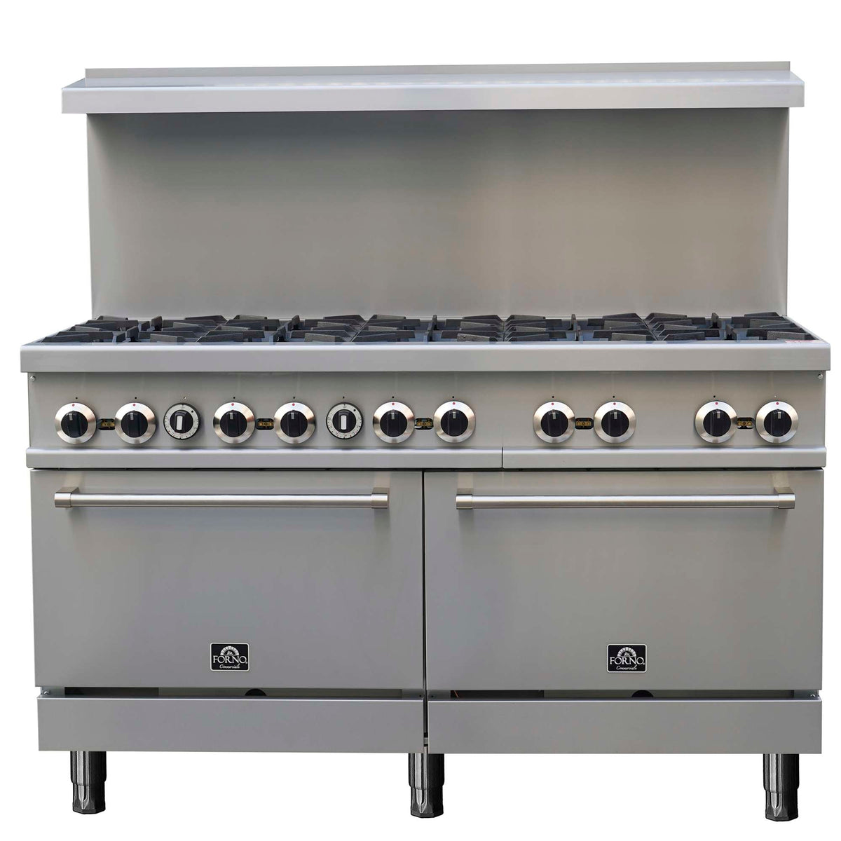 Forno Commerciale 60 Inch Stainless Steel Gas Range, 10 Burners 300,000 BTU Total, 9.3 cu.ft. Ovens - FCMGR0093-60