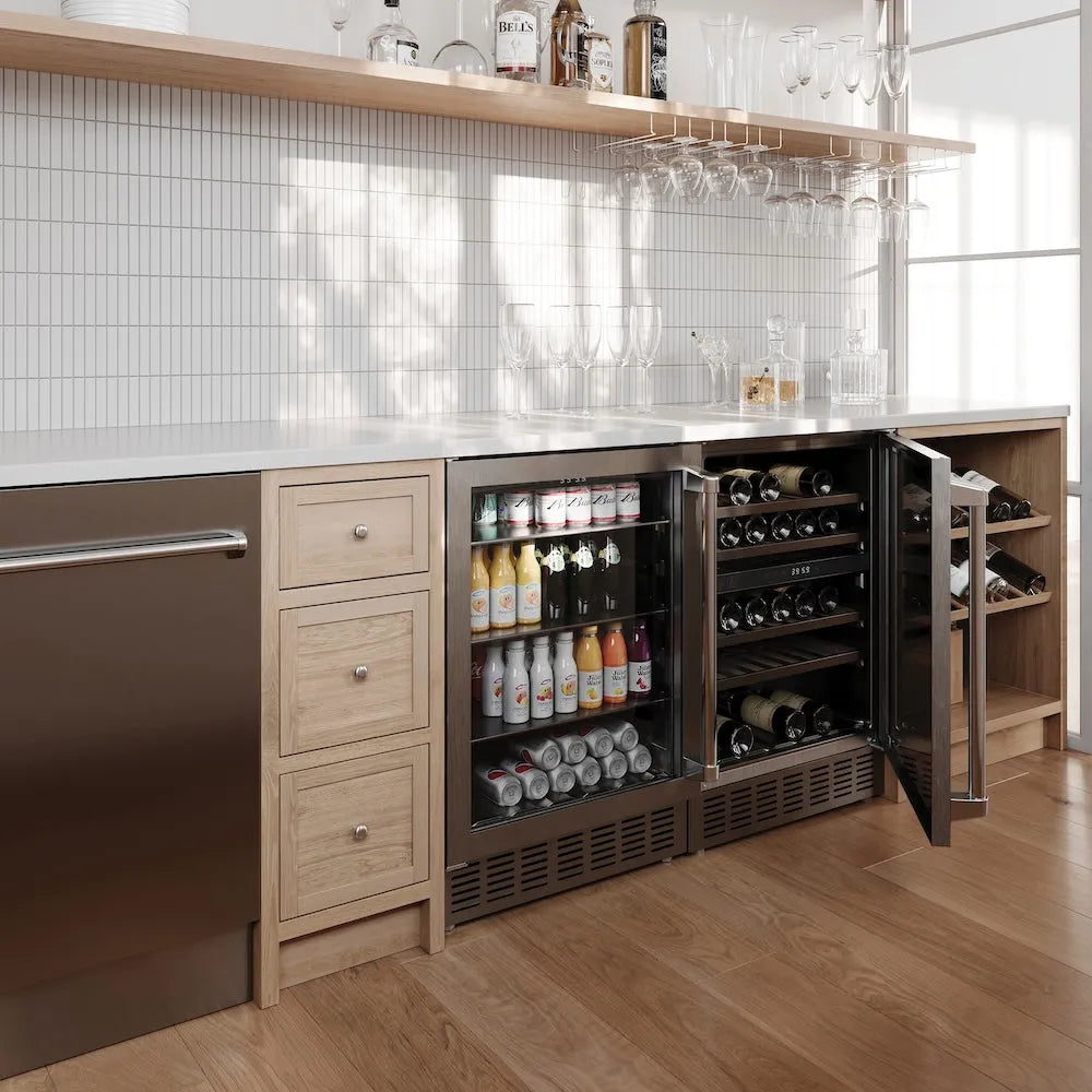 ZLINE Monument 24-inch beverage fridge in stainless steel RBV-US-24, door open