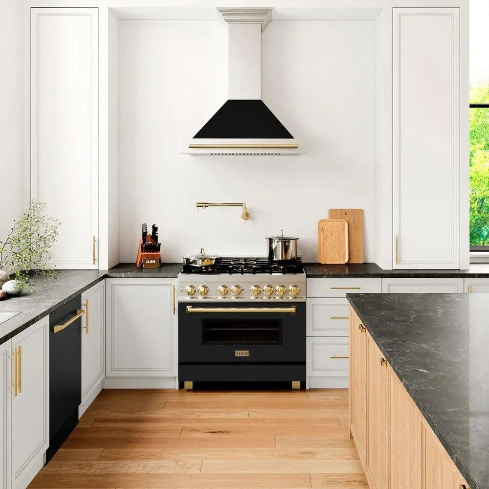 ZLINE Autograph Edition Legacy 36-inch range in stainless steel with black matte door and polished gold accents RAZ-BLM-36-G, view 2