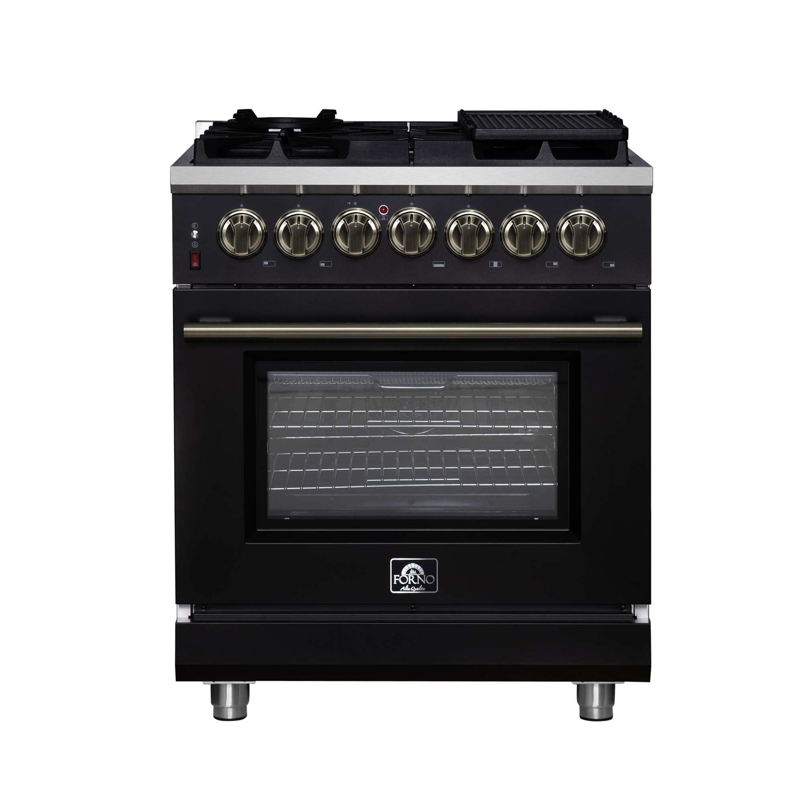 Forno Massimo 30-Inch Freestanding Dual Fuel Range in Black with Antique Brass Accessories, 4 Burners, 4.32 cu. ft. Convection Oven - FFSGS6125-30BLK