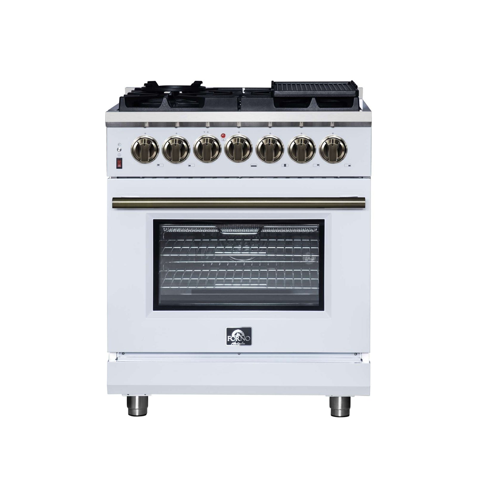Forno Massimo 30-Inch Freestanding Dual Fuel Range in White with Antique Brass Accessories, 4 Burners, 4.32 cu. ft. Convection Oven - FFSGS6125-30WHT