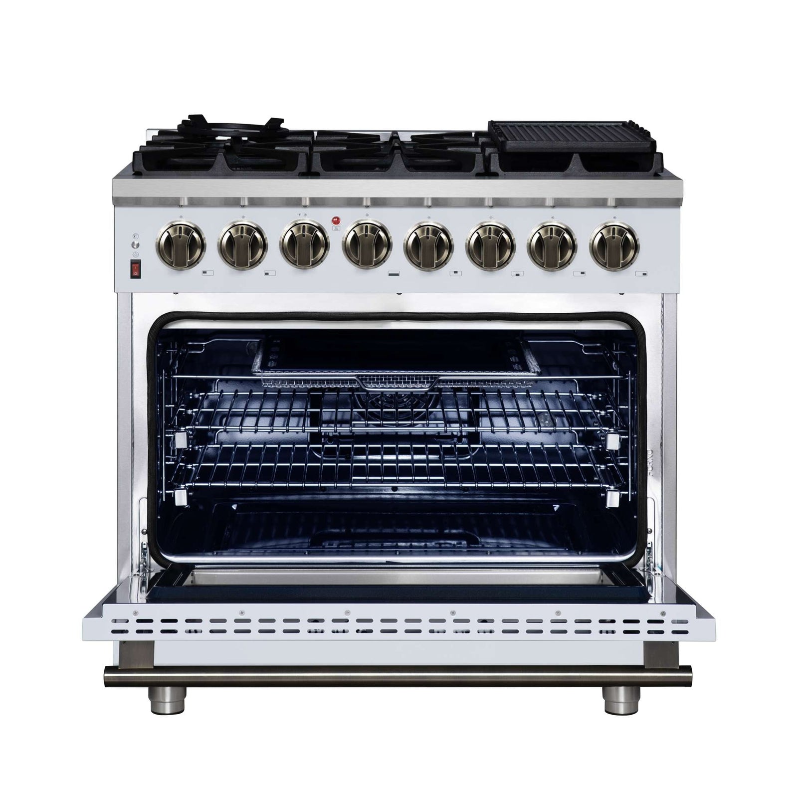Forno Massimo 36 Inch Freestanding Dual Fuel Range in White with Antique Brass Accessories, 6 Burners, 5.36 cu. ft. Convection Oven - FFSGS6125-36WHT