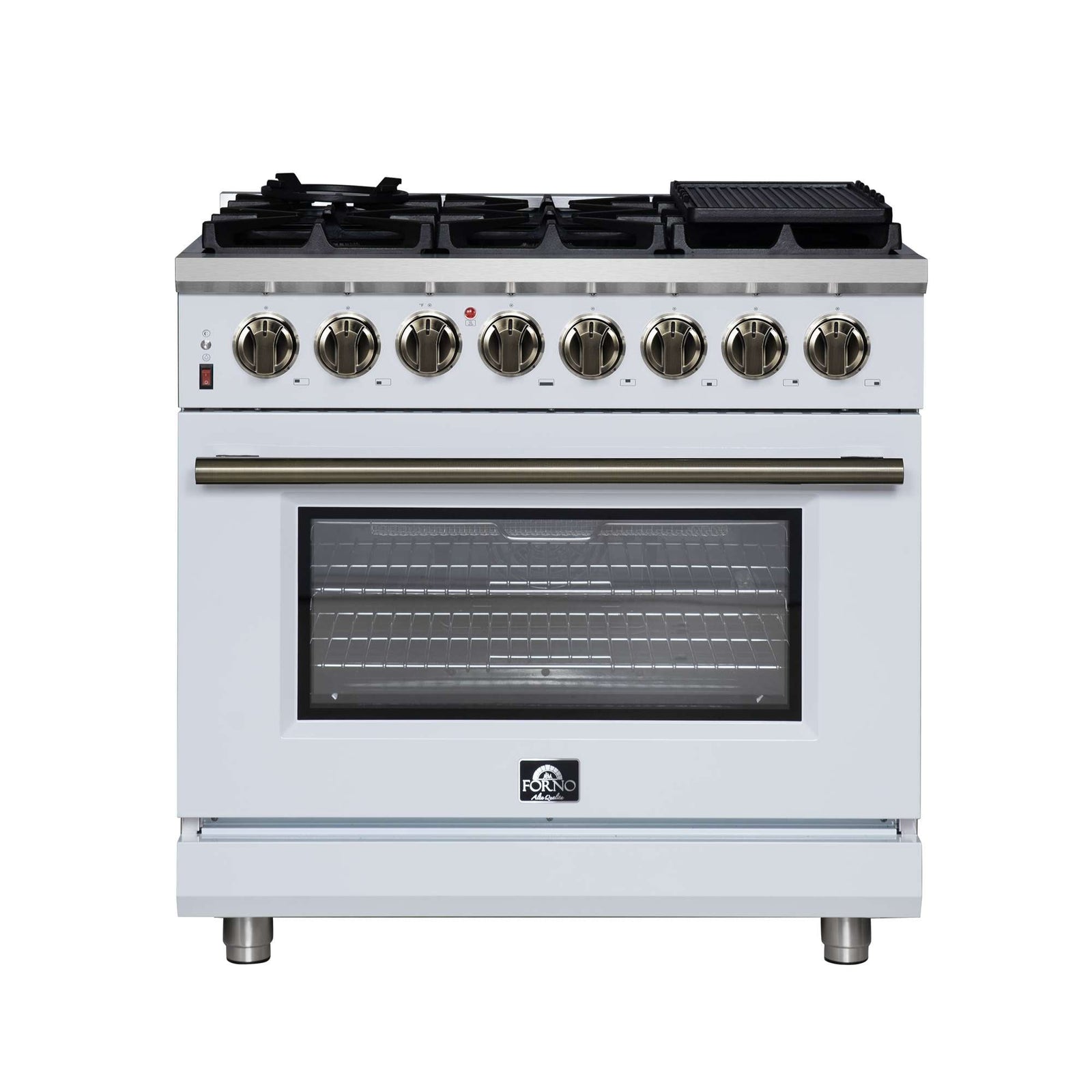Forno Massimo 36 Inch Freestanding Dual Fuel Range in White with Antique Brass Accessories, 6 Burners, 5.36 cu. ft. Convection Oven - FFSGS6125-36WHT