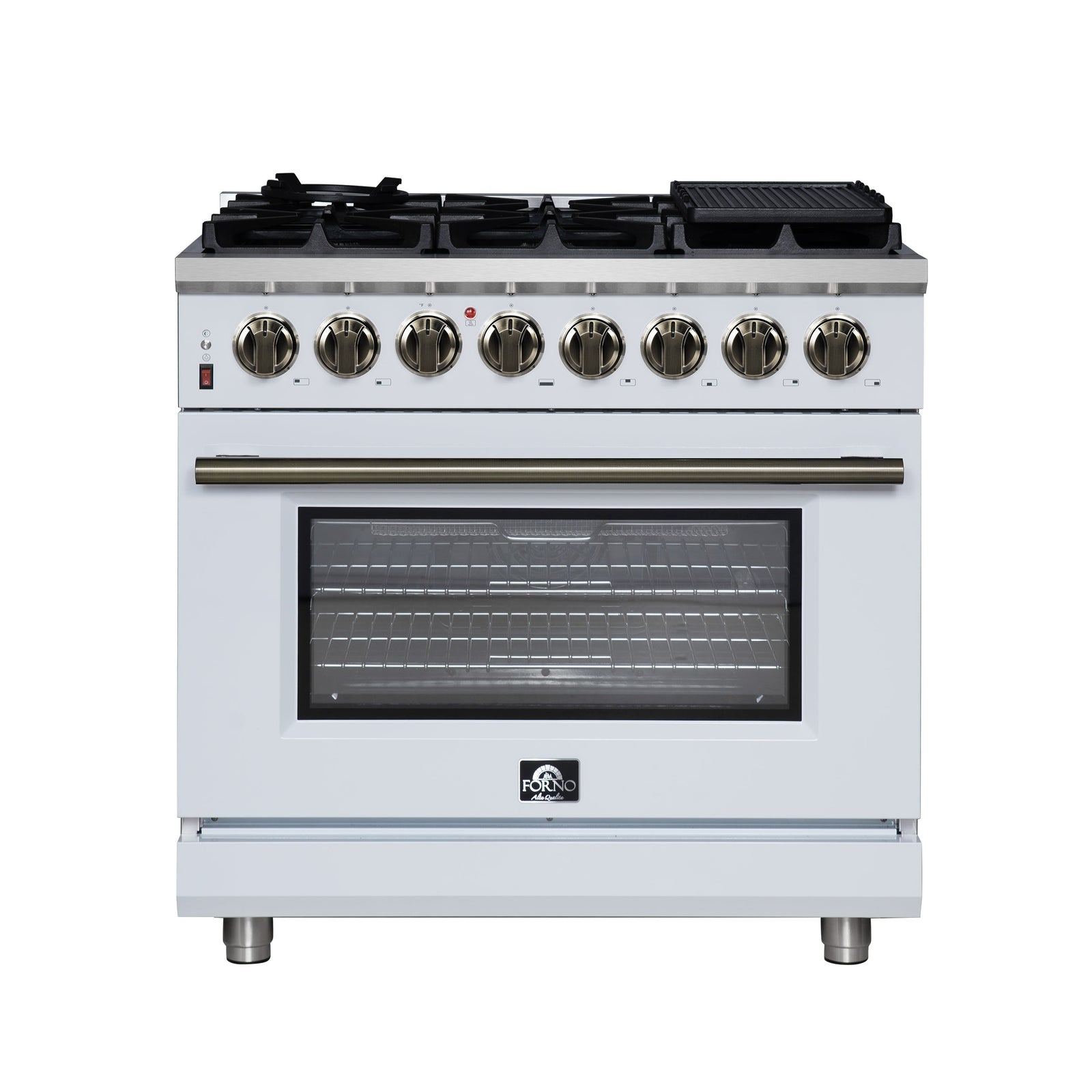 Forno Massimo 36 Inch Freestanding Dual Fuel Range in White with Antique Brass Accessories, 6 Burners, 5.36 cu. ft. Convection Oven - FFSGS6125-36WHT