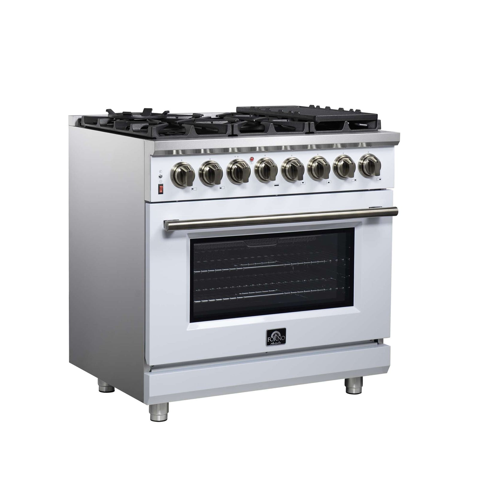 Forno Massimo 36 Inch Freestanding Dual Fuel Range in White with Antique Brass Accessories, 6 Burners, 5.36 cu. ft. Convection Oven - FFSGS6125-36WHT