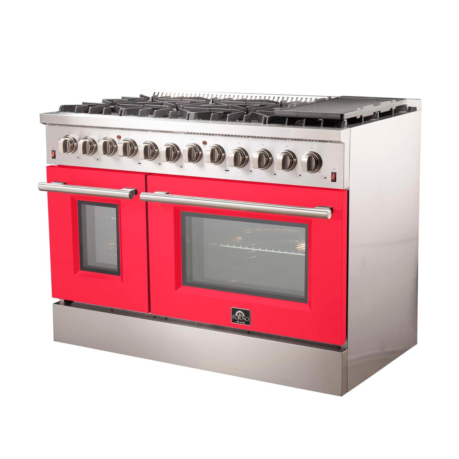 Forno Galiano 48-Inch Freestanding Dual Fuel Range, 8 Burners, Double Convection Ovens, Red Doors - FFSGS6156-48RED