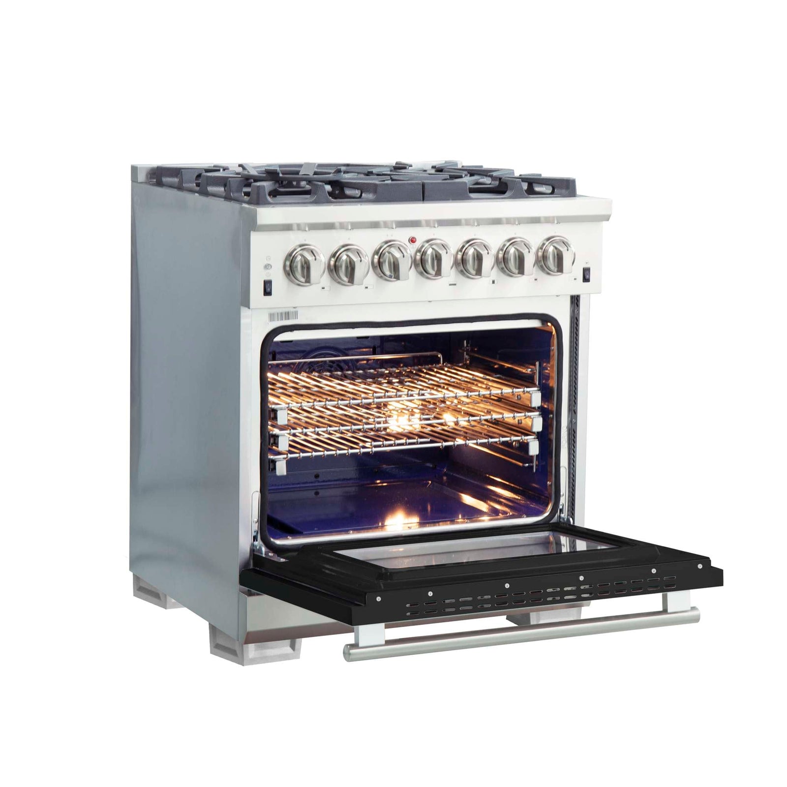 Forno Capriasca 30-Inch Freestanding Dual Fuel Range, 4 Burners, True Convection Oven, Black Door - FFSGS6187-30BLK
