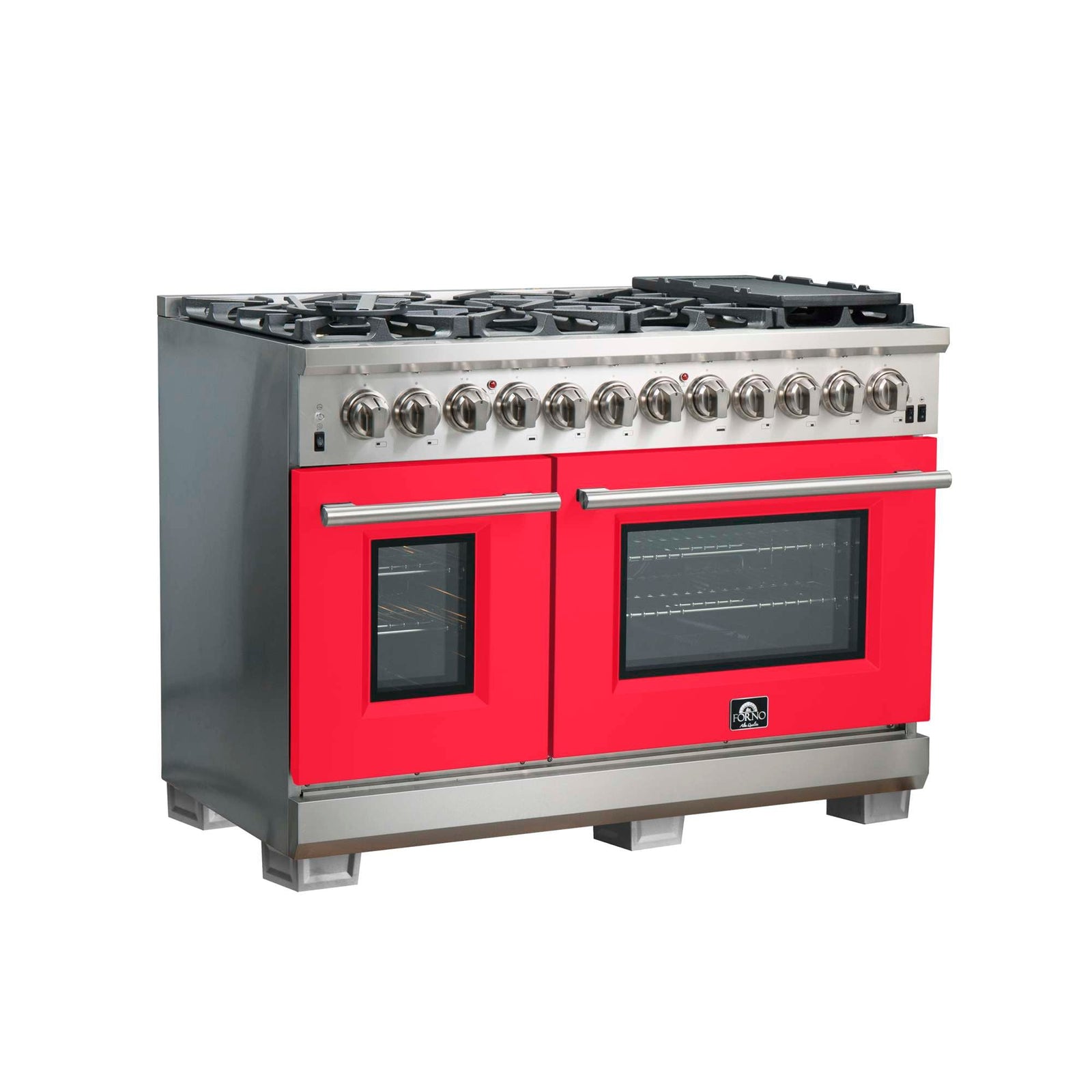 Forno Capriasca 48-Inch Freestanding Dual Fuel Range, 8 Burners, True Convection Oven, Red Doors - FFSGS6187-48RED