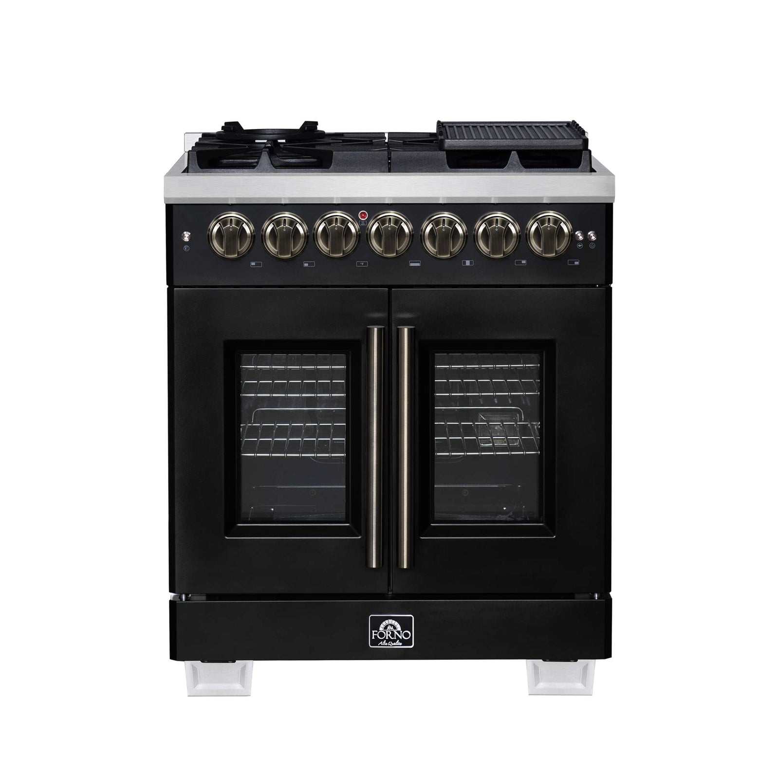 Forno Capriasca 30-Inch Freestanding French Door Dual Fuel Range in Black with Antique Brass Accessories, 5 Burners, True Convection Oven - FFSGS6387-30BLK