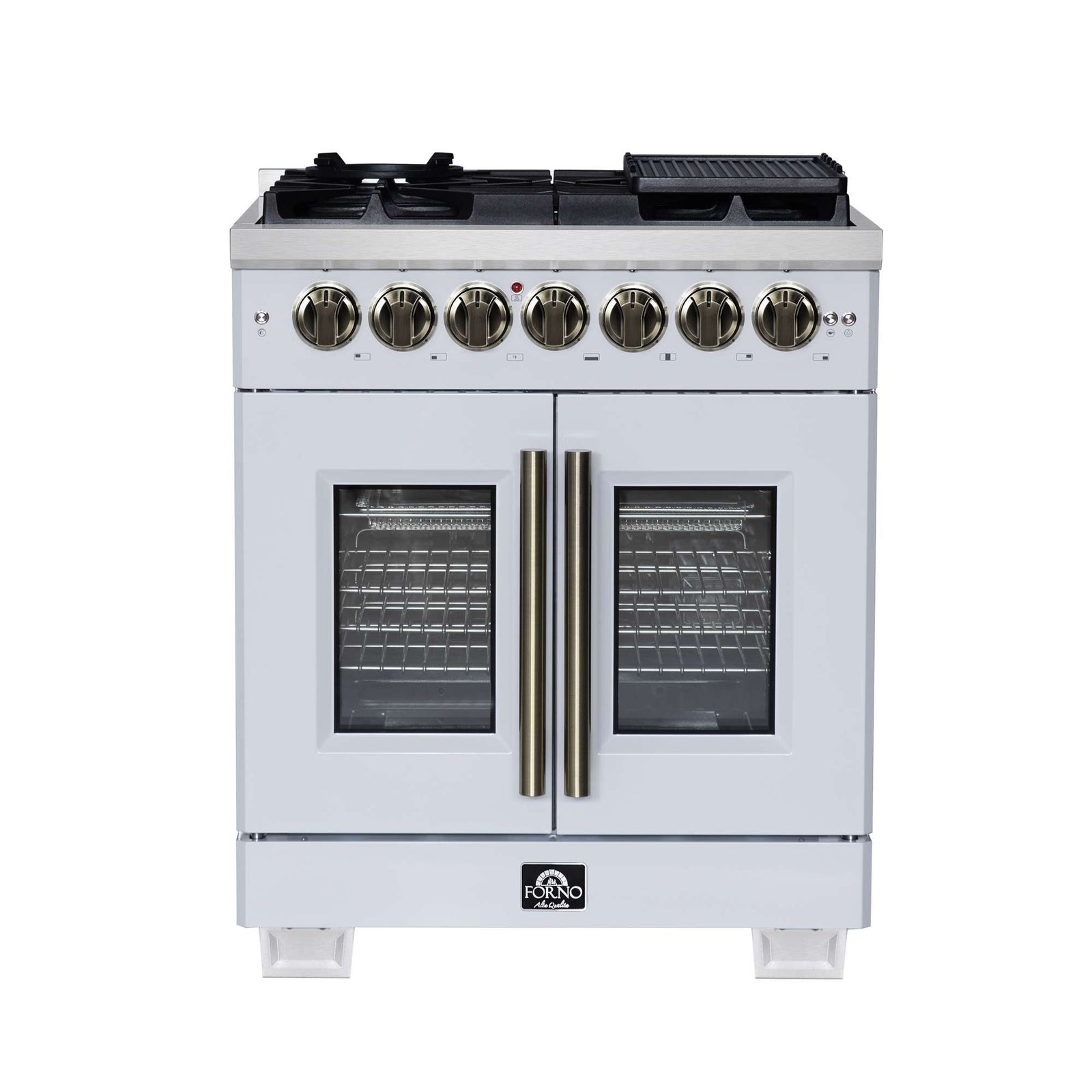 Forno Capriasca 30-Inch Freestanding French Door Dual Fuel Range in White with Antique Brass Accessories, 5 Burners, True Convection Oven - FFSGS6387-30WHT