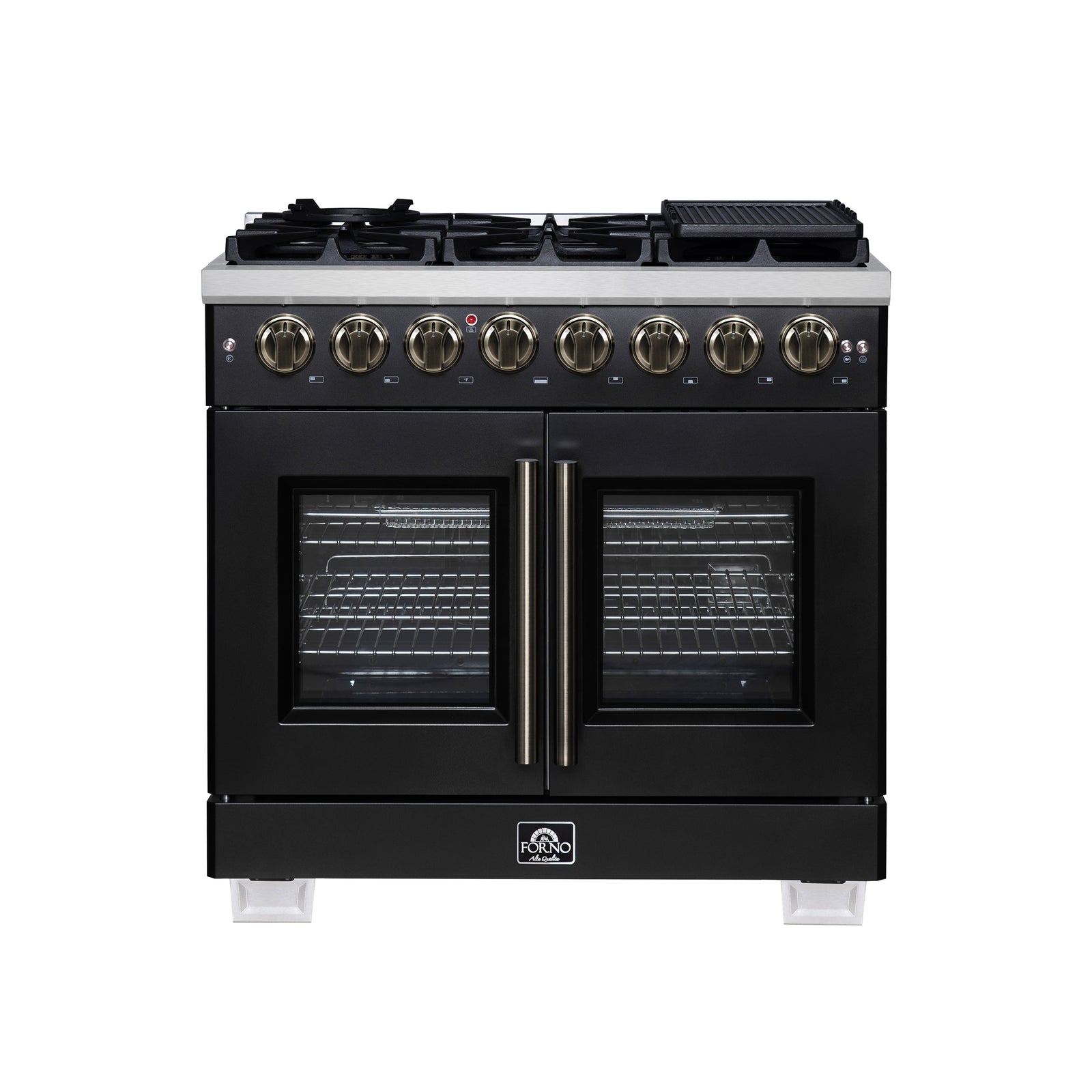 Forno Capriasca 36 Inch Freestanding French Door Dual Fuel Range in Black with Antique Brass Accessories, 6 Burners, True Convection Oven - FFSGS6387-36BLK