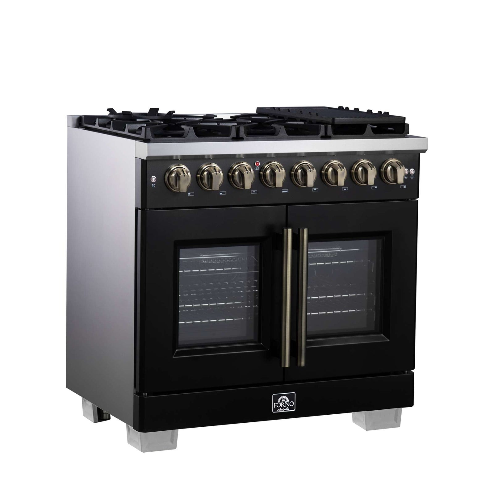 Forno Capriasca 36 Inch Freestanding French Door Dual Fuel Range in Black with Antique Brass Accessories, 6 Burners, True Convection Oven - FFSGS6387-36BLK