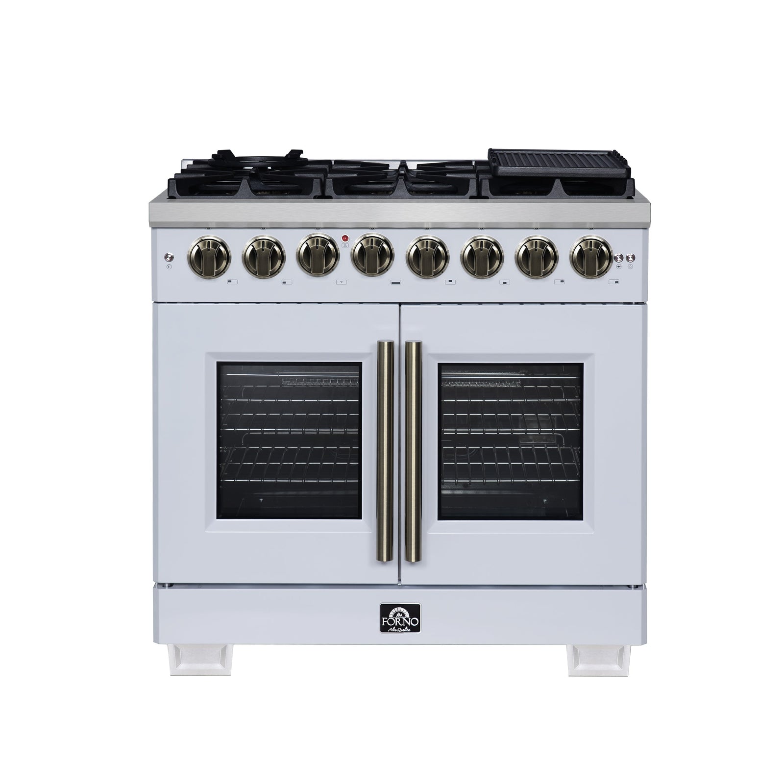 Forno Capriasca 36 Inch Freestanding French Door Dual Fuel Range in White with Antique Brass Accessories, 6 Burners, True Convection Oven - FFSGS6387-36WHT
