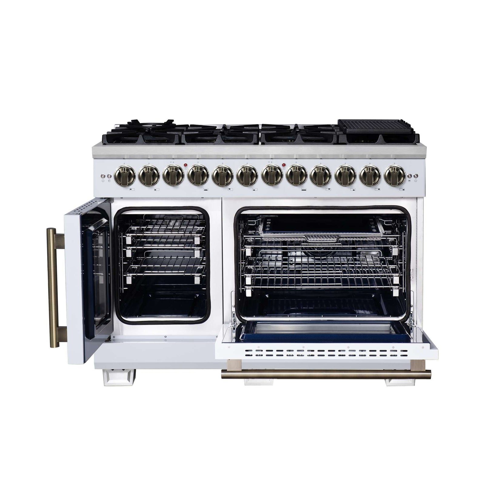 Forno Capriasca 48 Inch Freestanding French Door Dual Fuel Range in White with Antique Brass Accessories, 8 Burners, True Convection Oven - FFSGS6387-48WHT