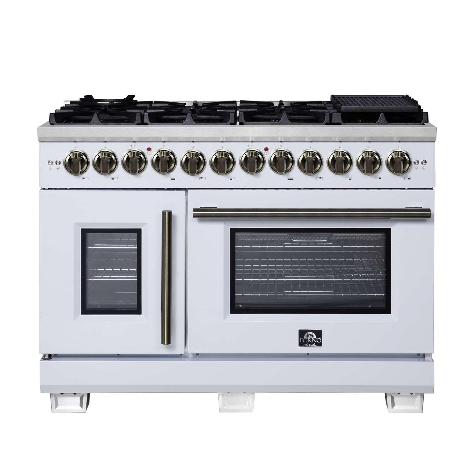 Forno Capriasca 48 Inch Freestanding French Door Dual Fuel Range in White with Antique Brass Accessories, 8 Burners, True Convection Oven - FFSGS6387-48WHT