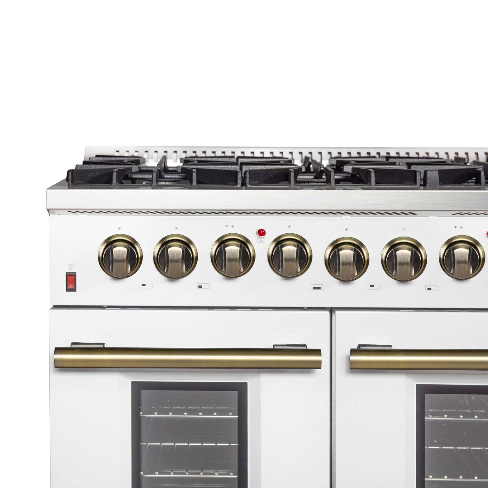 Forno Galiano 48-inch Dual Fuel Range White & Antique Brass Design with 8 Sealed Burners 107,000 BTU, 6.58 cu. ft. double ovens & Griddle - FFSGS6156-48WHT