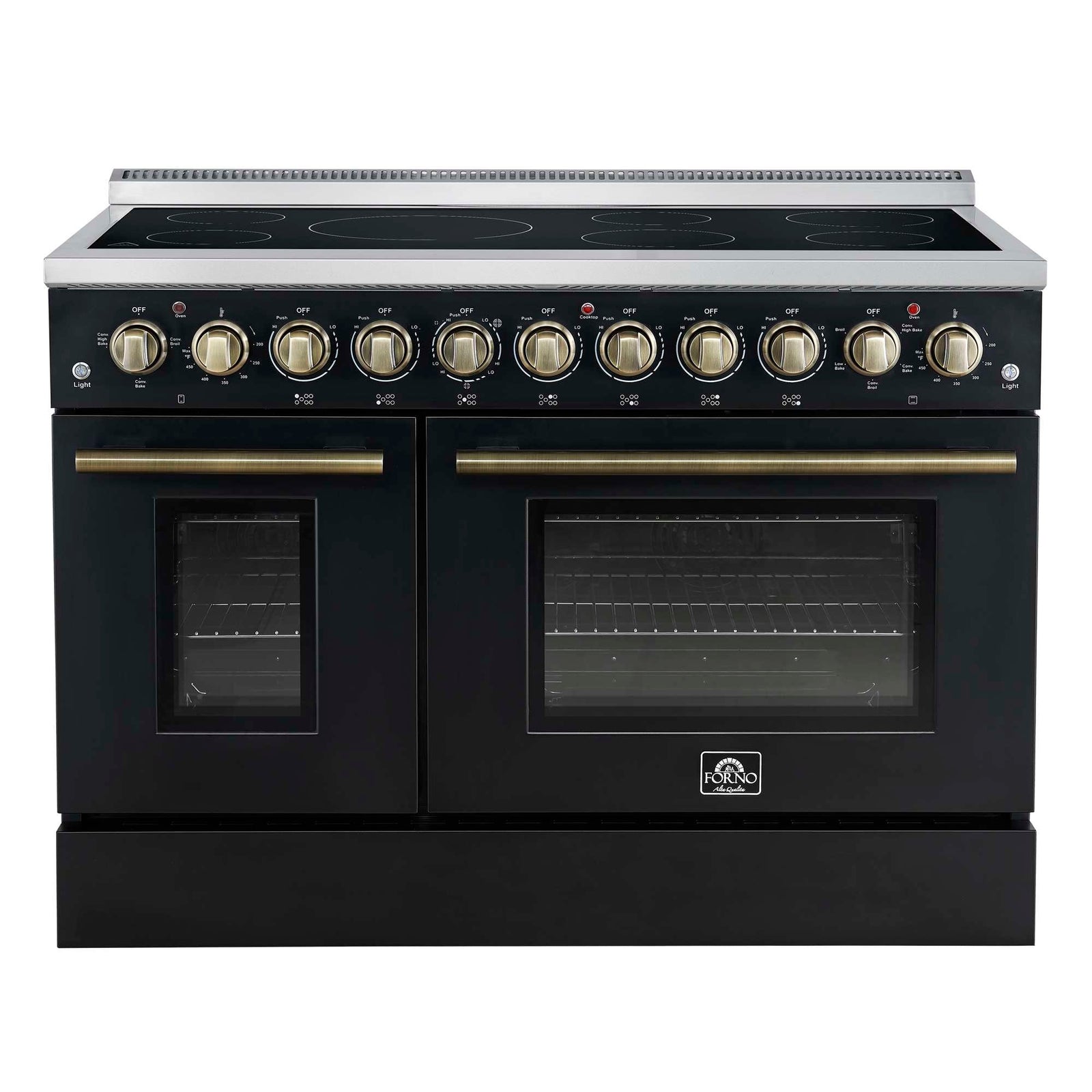Forno Paolo 48 Inch Freestanding Electric Range in Black with Antique Brass, 6.7 cu.ft, True Convection Oven, Energy Efficient - FFSEL6011-48BLK