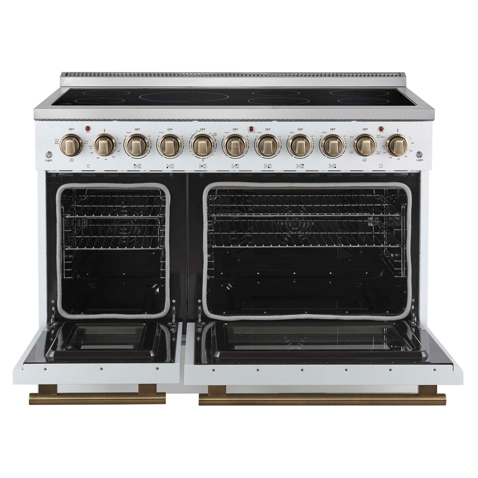 Forno Paolo 48 Inch Freestanding Electric Range in White with Antique Brass, 6.7 cu.ft, True Convection Oven, Energy Efficient - FFSEL6011-48WHT