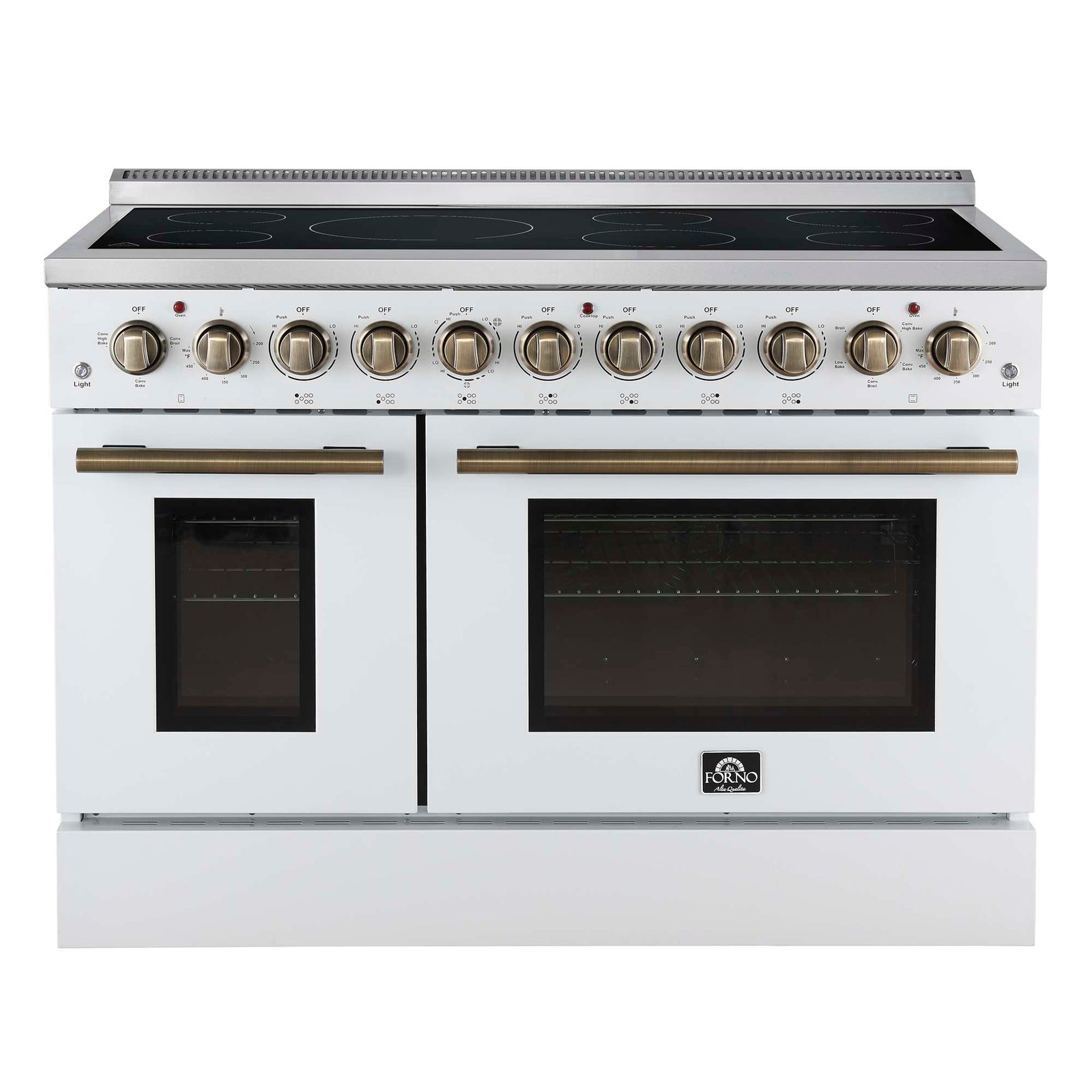 Forno Paolo 48 Inch Freestanding Electric Range in White with Antique Brass, 6.7 cu.ft, True Convection Oven, Energy Efficient - FFSEL6011-48WHT