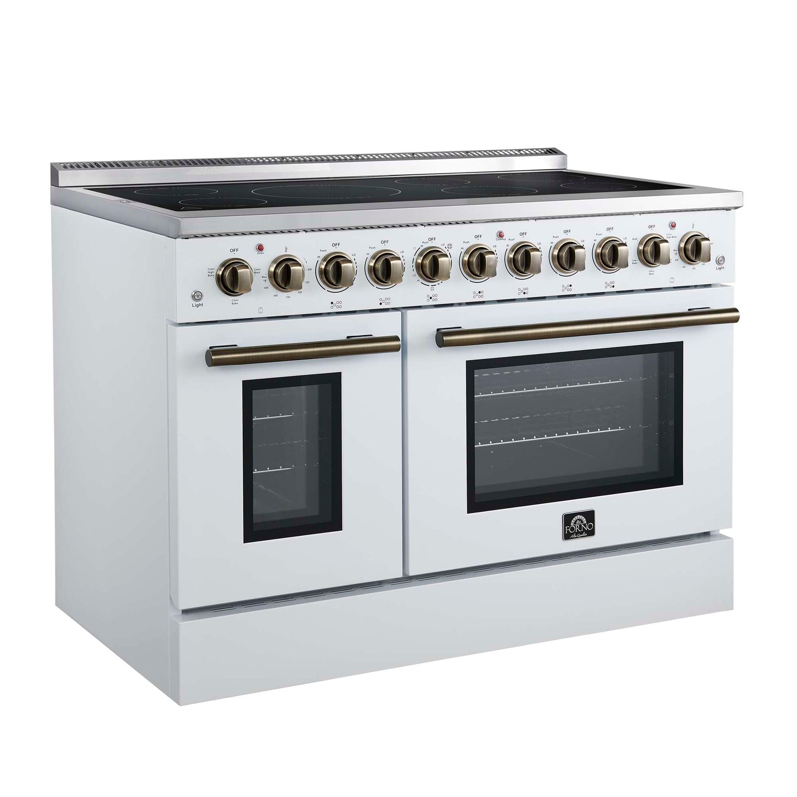 Forno Paolo 48 Inch Freestanding Electric Range in White with Antique Brass, 6.7 cu.ft, True Convection Oven, Energy Efficient - FFSEL6011-48WHT