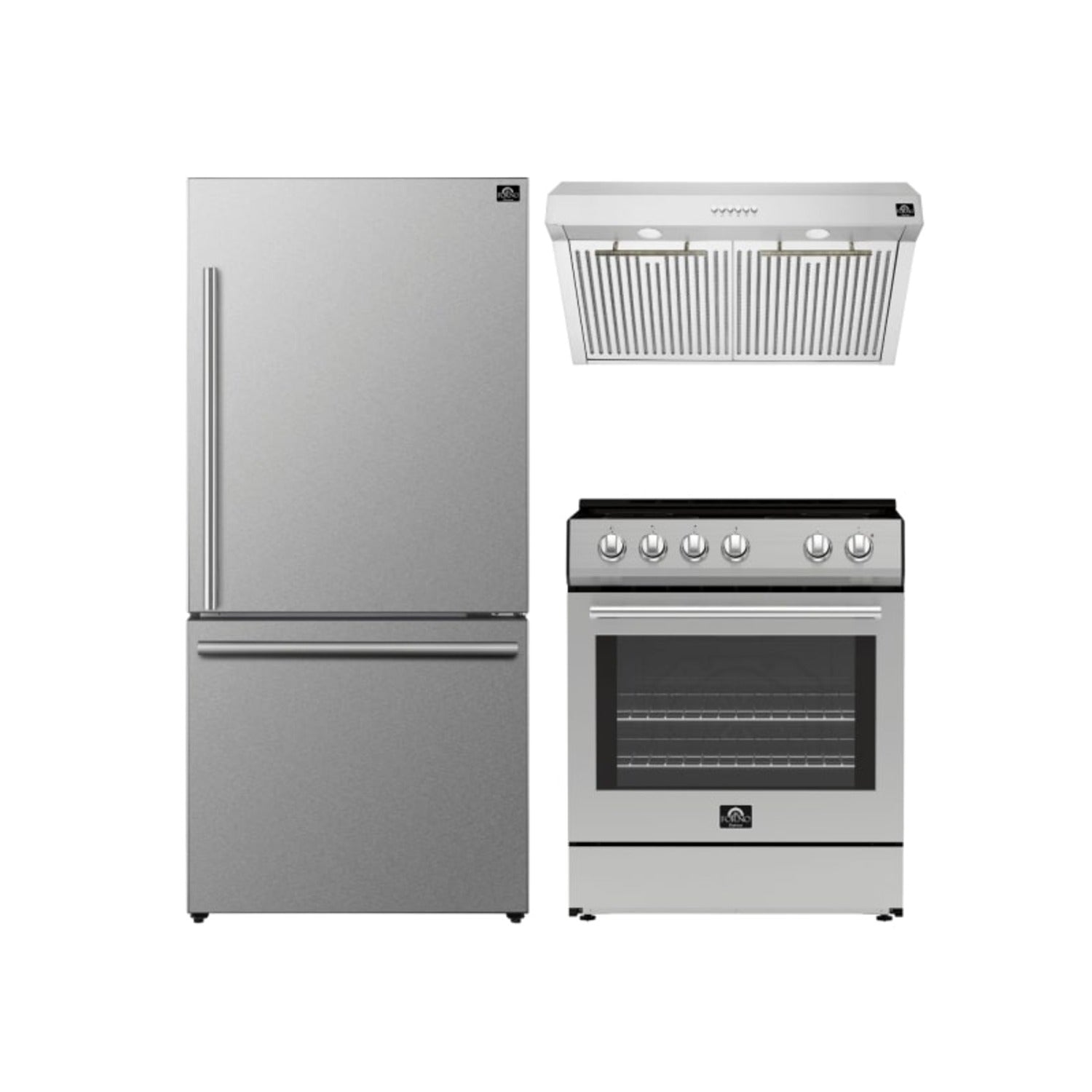 Forno Premium 3-Piece Kitchen Bundle - Leonardo Espresso 30" Electric Range, 30" Under Cabinet Range Hood, 31" Bottom Freezer Refrigerator - Stainless Steel with Antique Brass Handles - FBDL-001-01CA