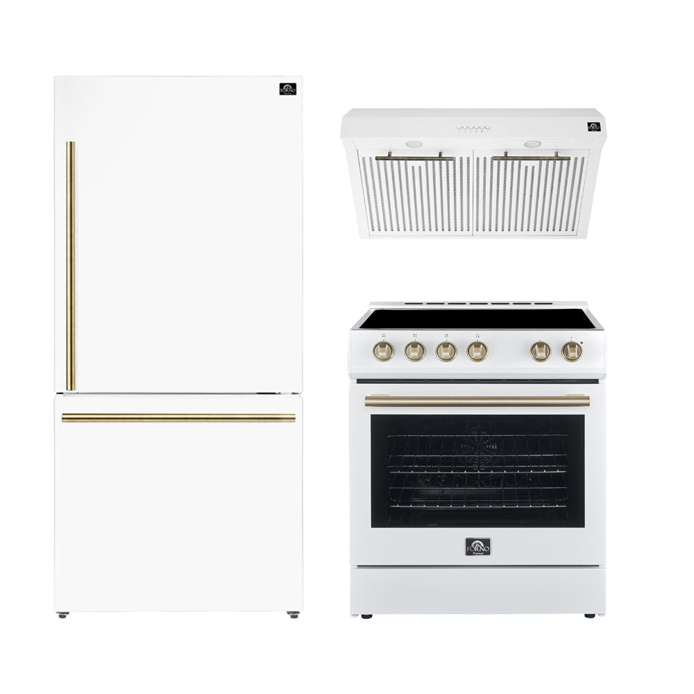 Forno Premium 3-Piece Kitchen Bundle - Leonardo Espresso 30" White Range, 30" White Range Hood, 31" White Bottom Freezer Refrigerator - FBDL-001-03US