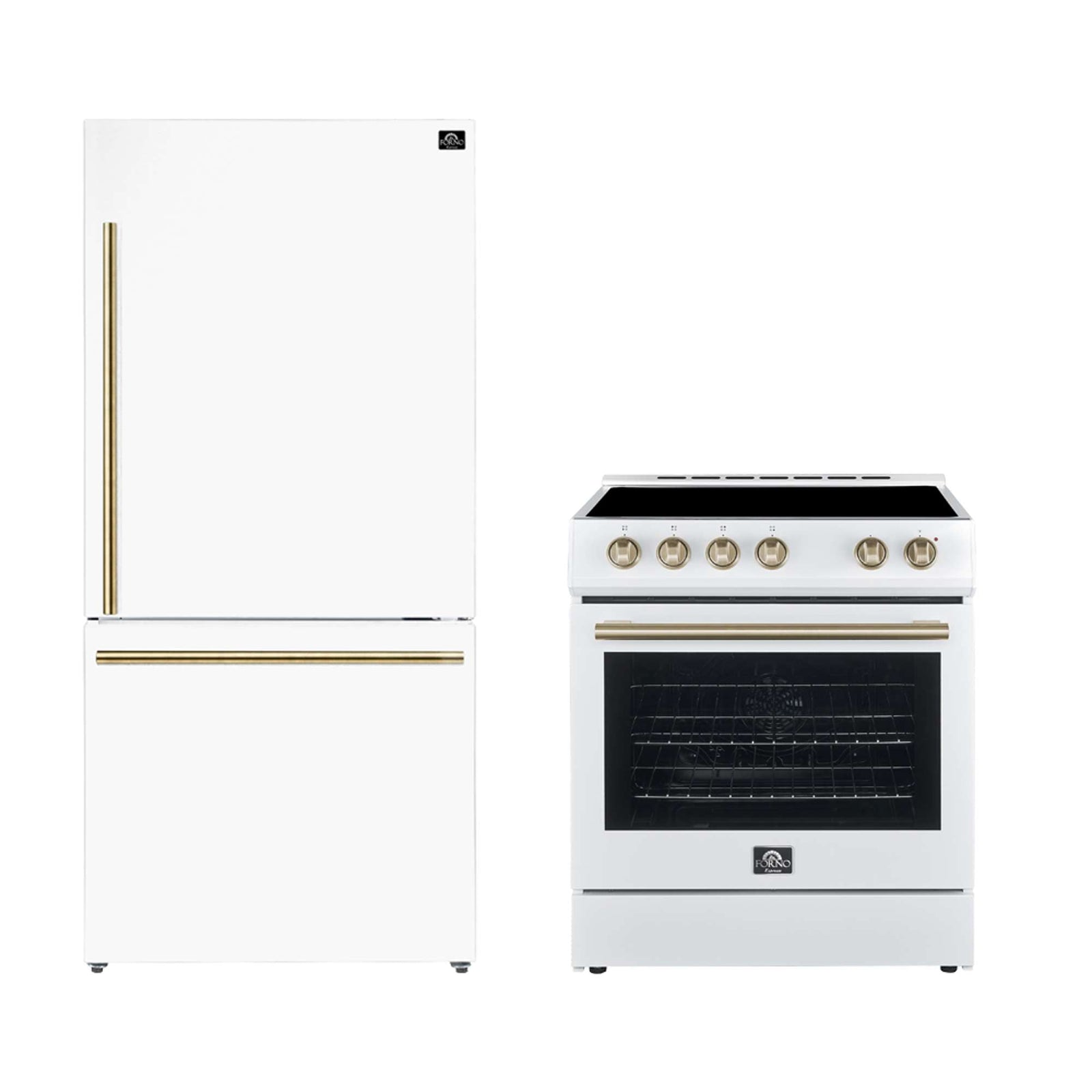 Forno Premium 2-Piece Kitchen Bundle - Leonardo Espresso 30" White Range, 31" White Bottom Freezer Refrigerator - FBDL-003-03US